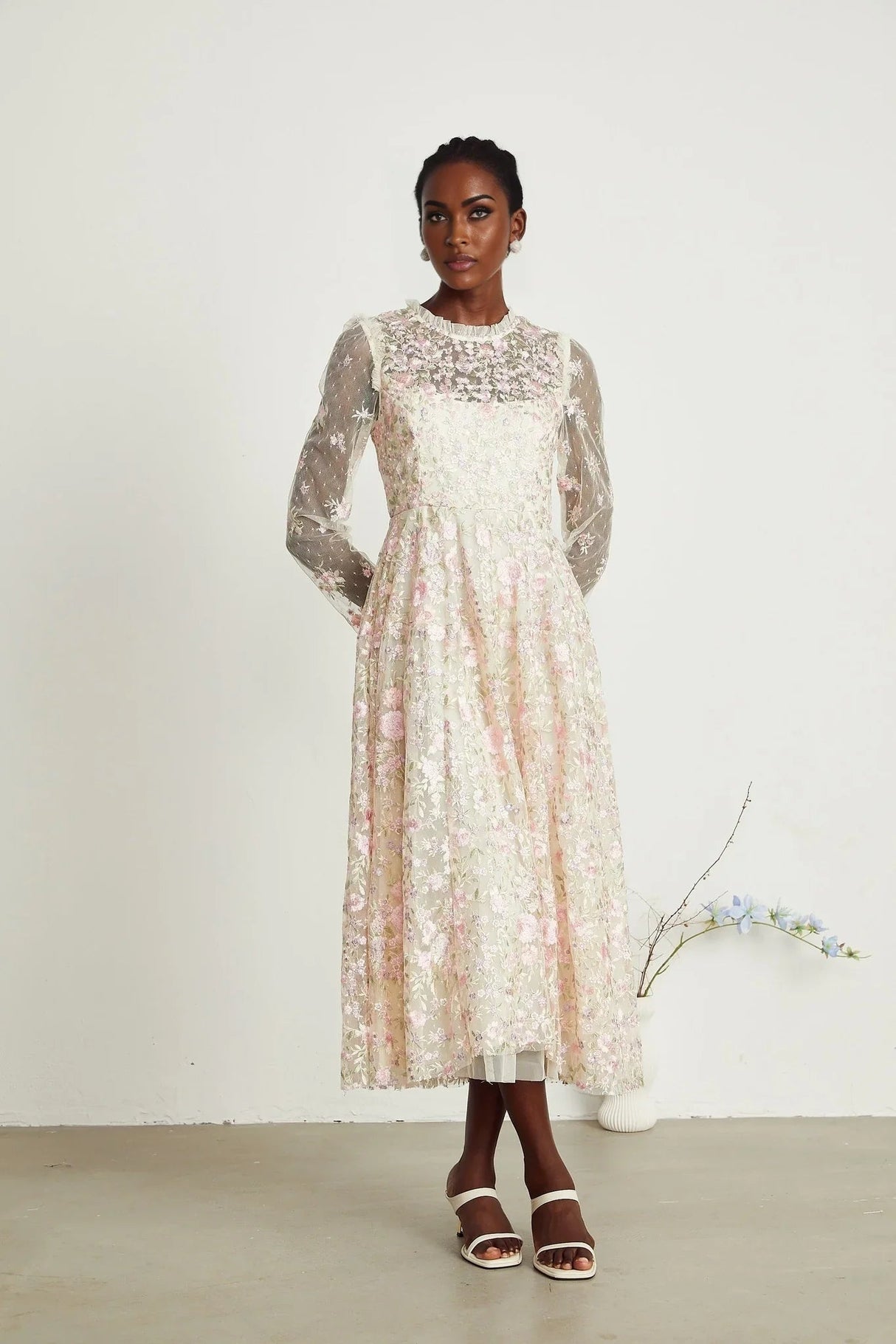 Adelina Floral Midi Dress - Round Neck - Long Sleeves - Pleated Tulle Design - Floral Embroidery Detail