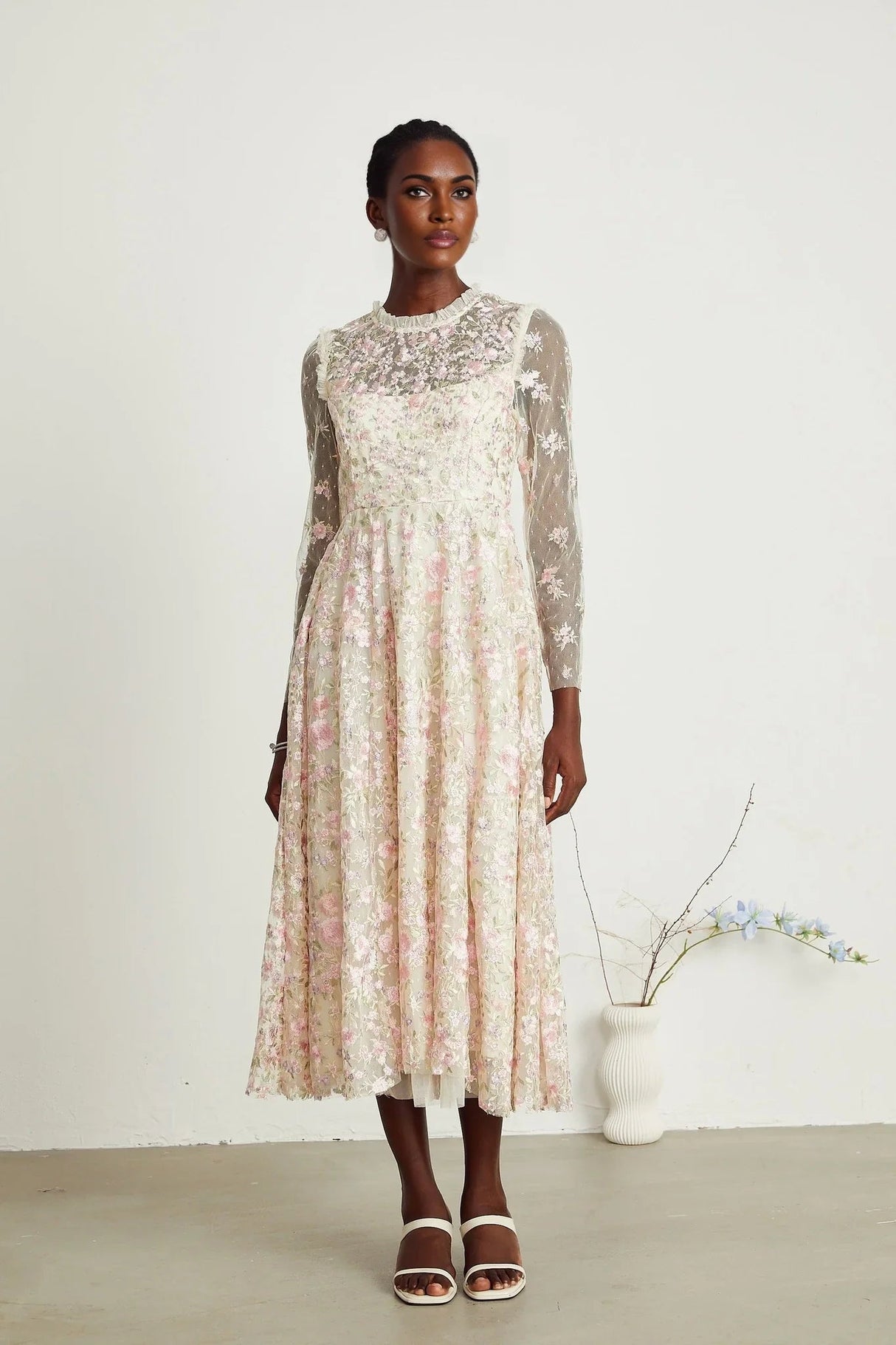 Adelina Floral Midi Dress - Round Neck - Long Sleeves - Pleated Tulle Design - Floral Embroidery Detail