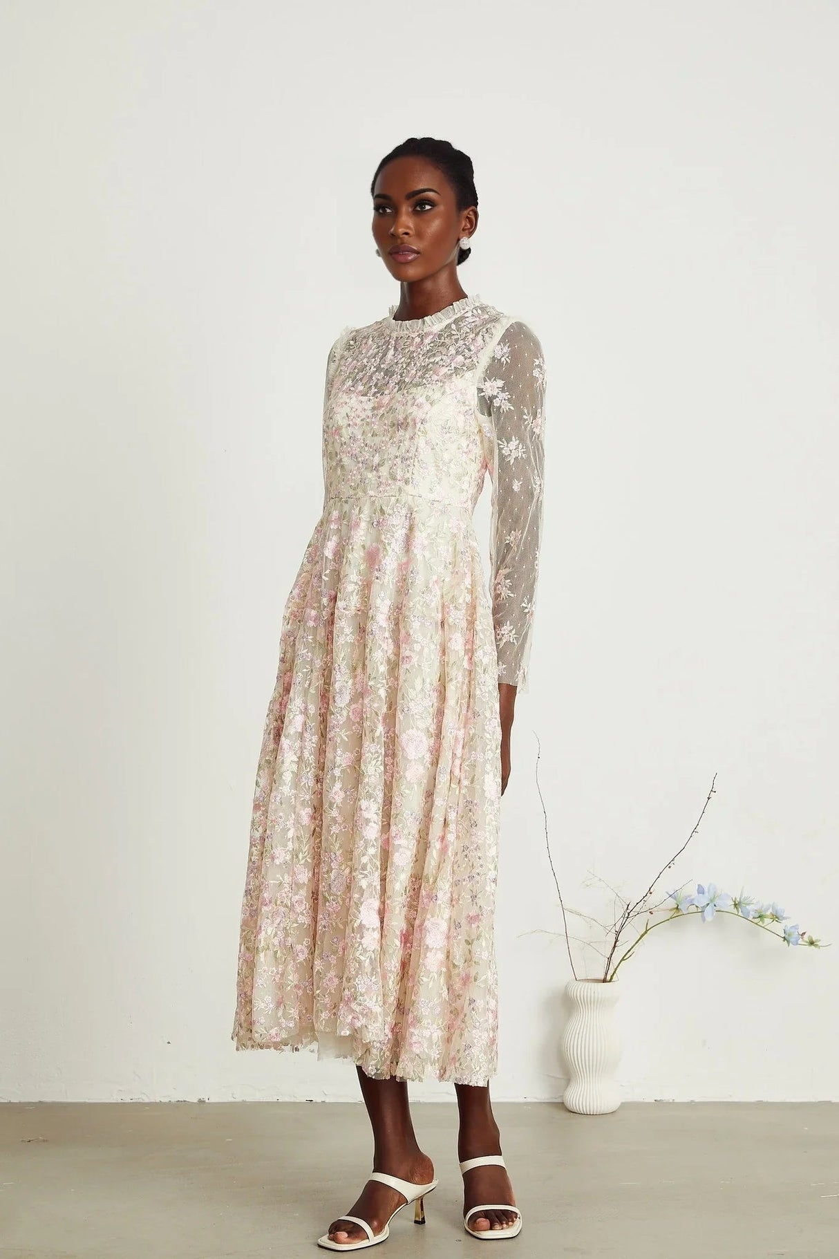Adelina Floral Midi Dress - Round Neck - Long Sleeves - Pleated Tulle Design - Floral Embroidery Detail