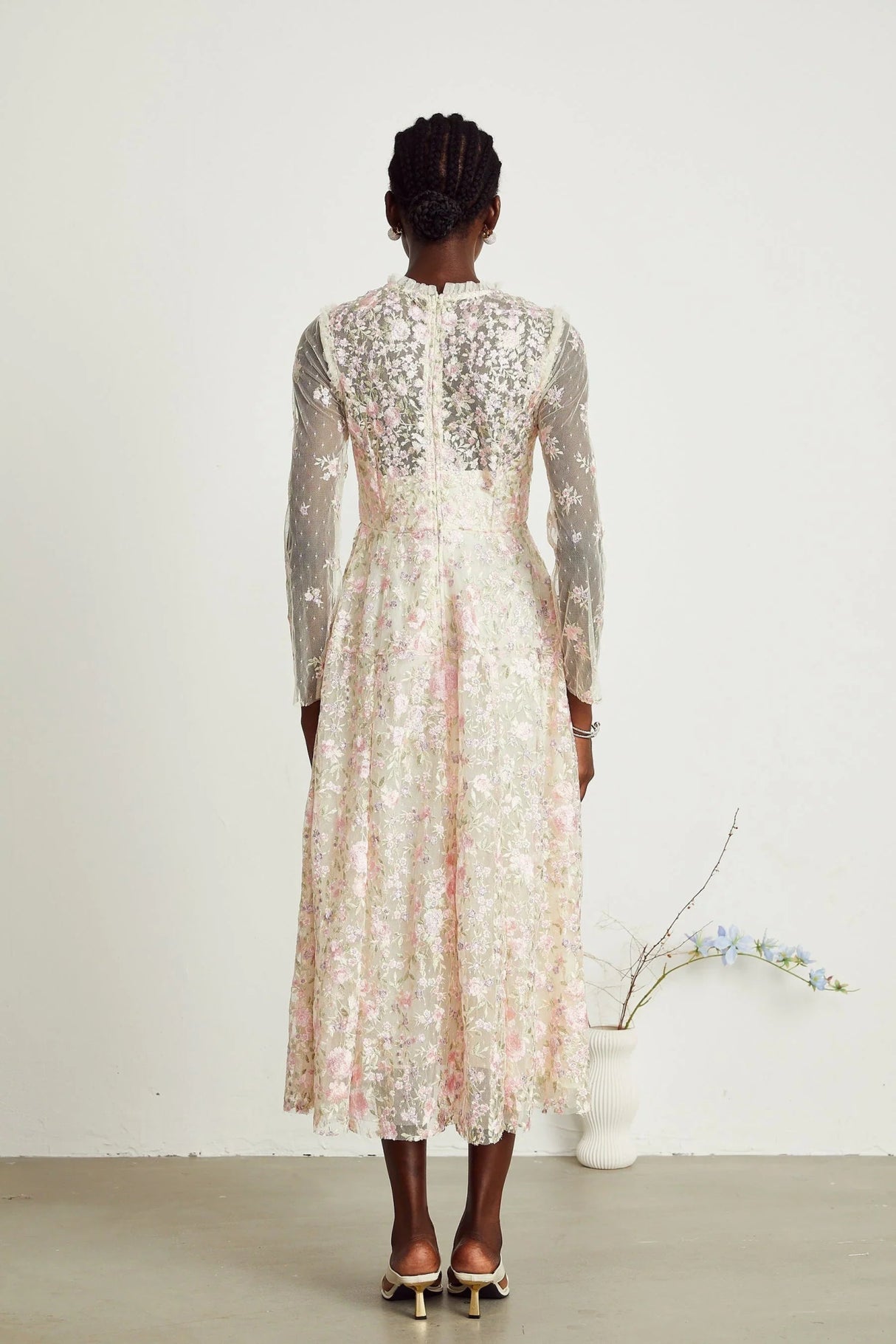 Adelina Floral Midi Dress - Round Neck - Long Sleeves - Pleated Tulle Design - Floral Embroidery Detail