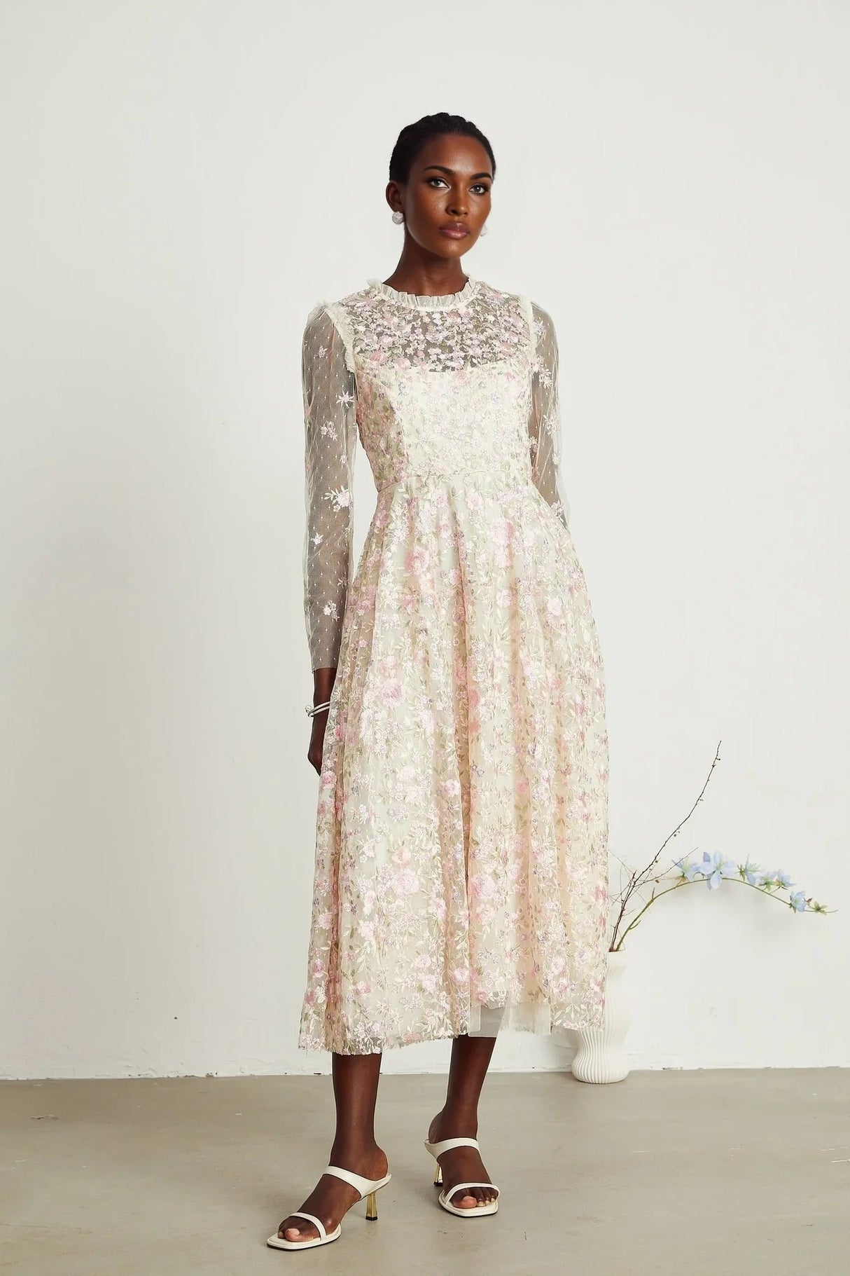 Adelina Floral Midi Dress - Round Neck - Long Sleeves - Pleated Tulle Design - Floral Embroidery Detail