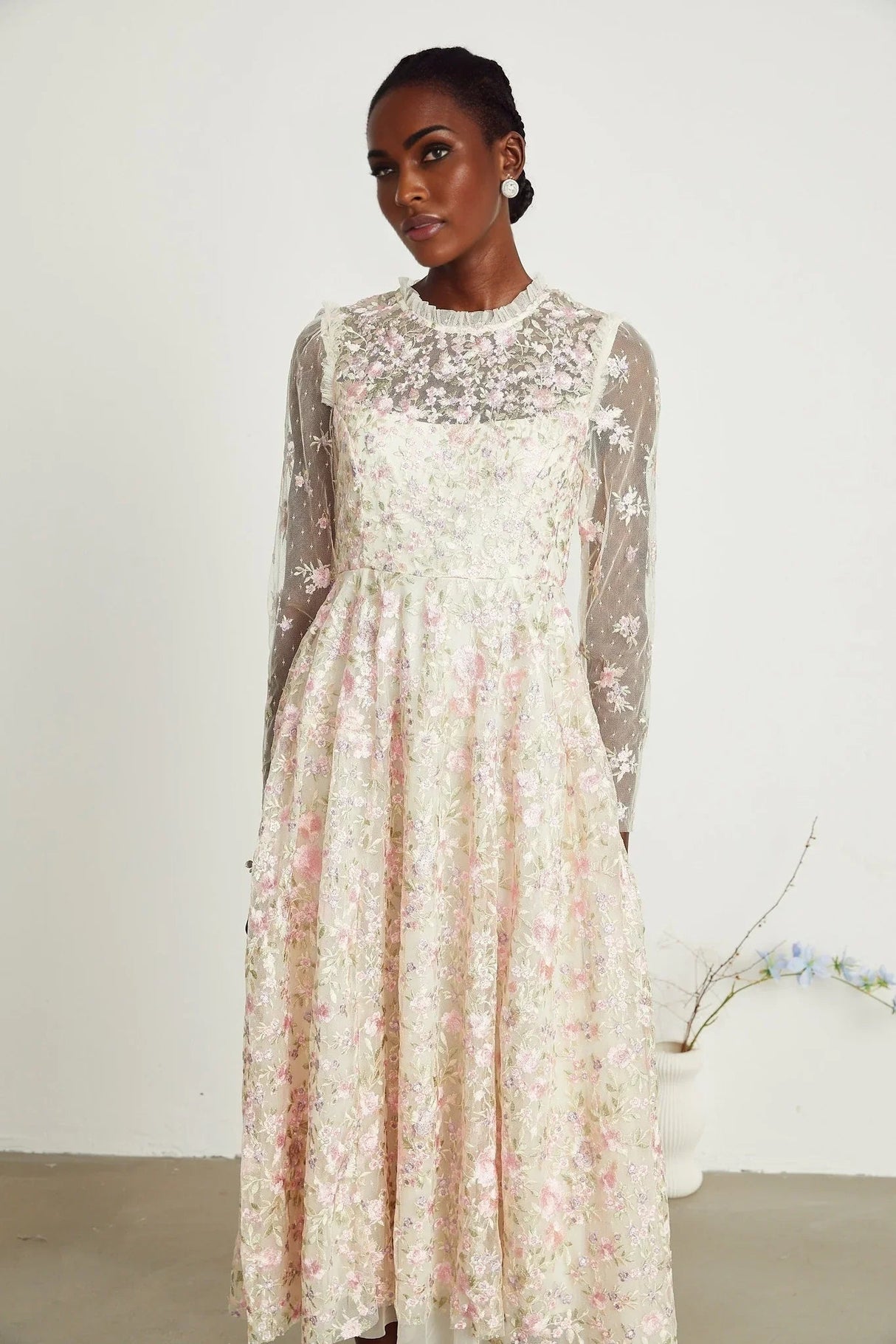 Adelina Floral Midi Dress - Round Neck - Long Sleeves - Pleated Tulle Design - Floral Embroidery Detail