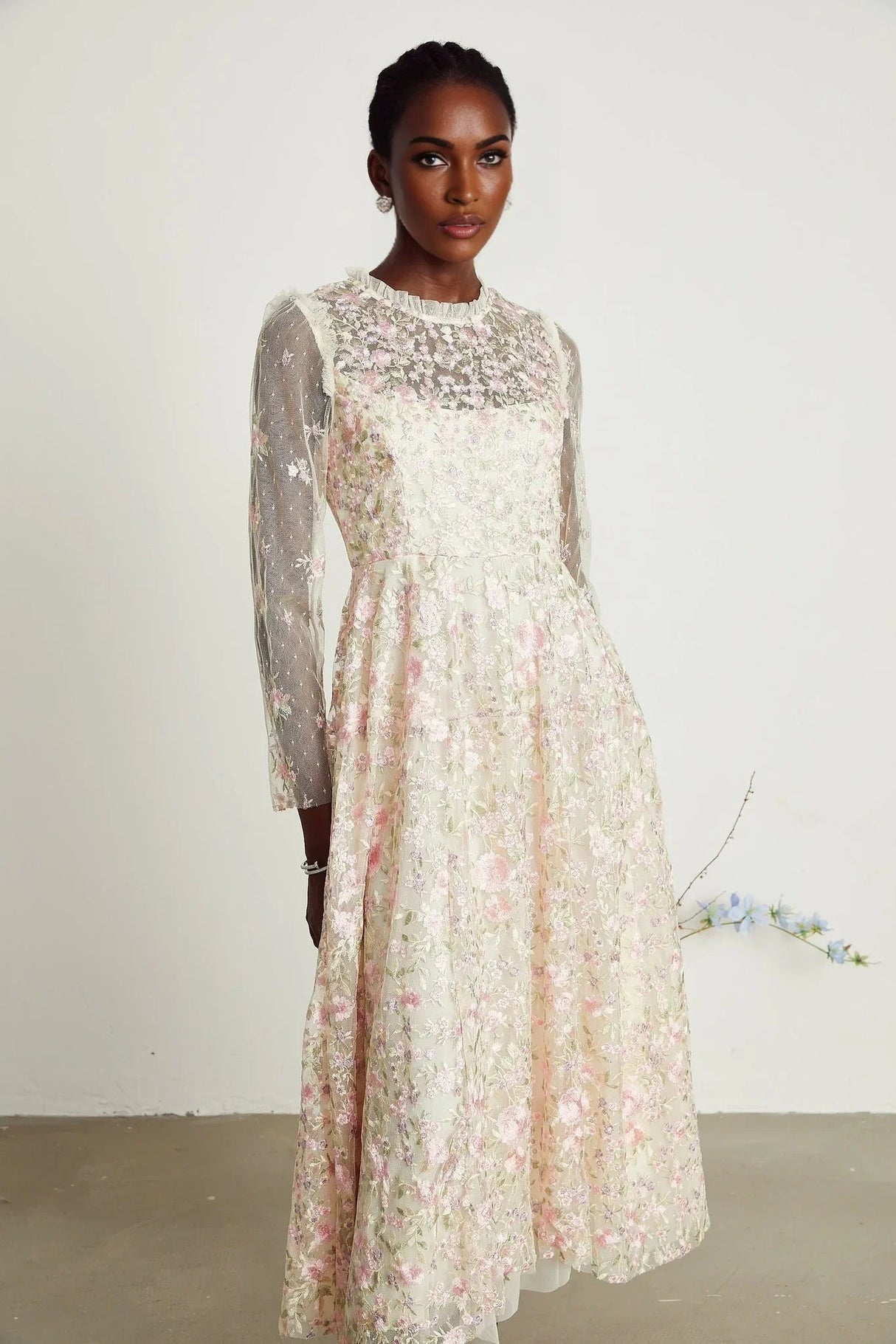 Adelina Floral Midi Dress - Round Neck - Long Sleeves - Pleated Tulle Design - Floral Embroidery Detail