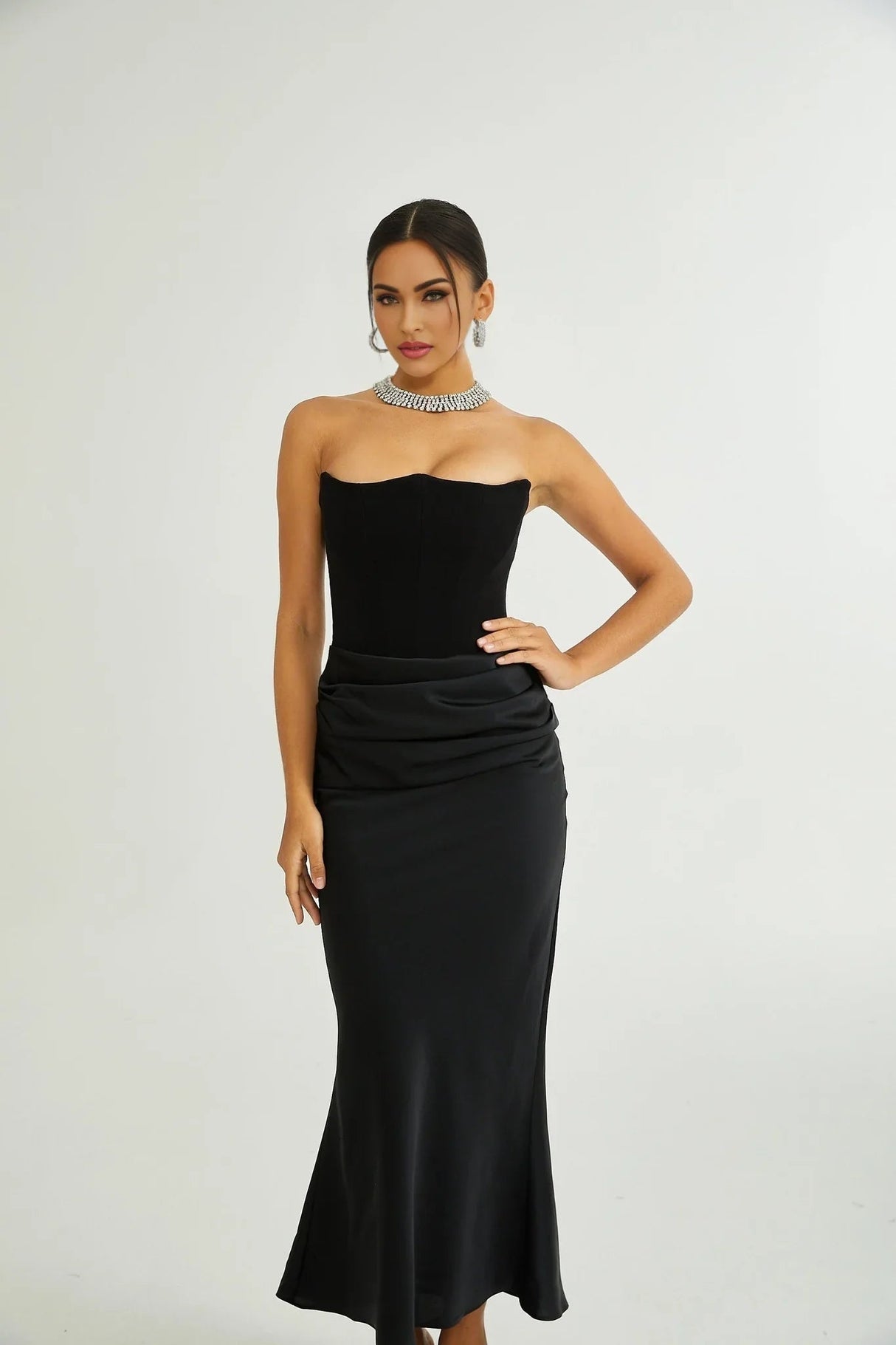 Adelina Maxi Dress - Off the Shoulder - Pleated Design - Flared Hem - Rear Zip Fastening - Elegant Length
