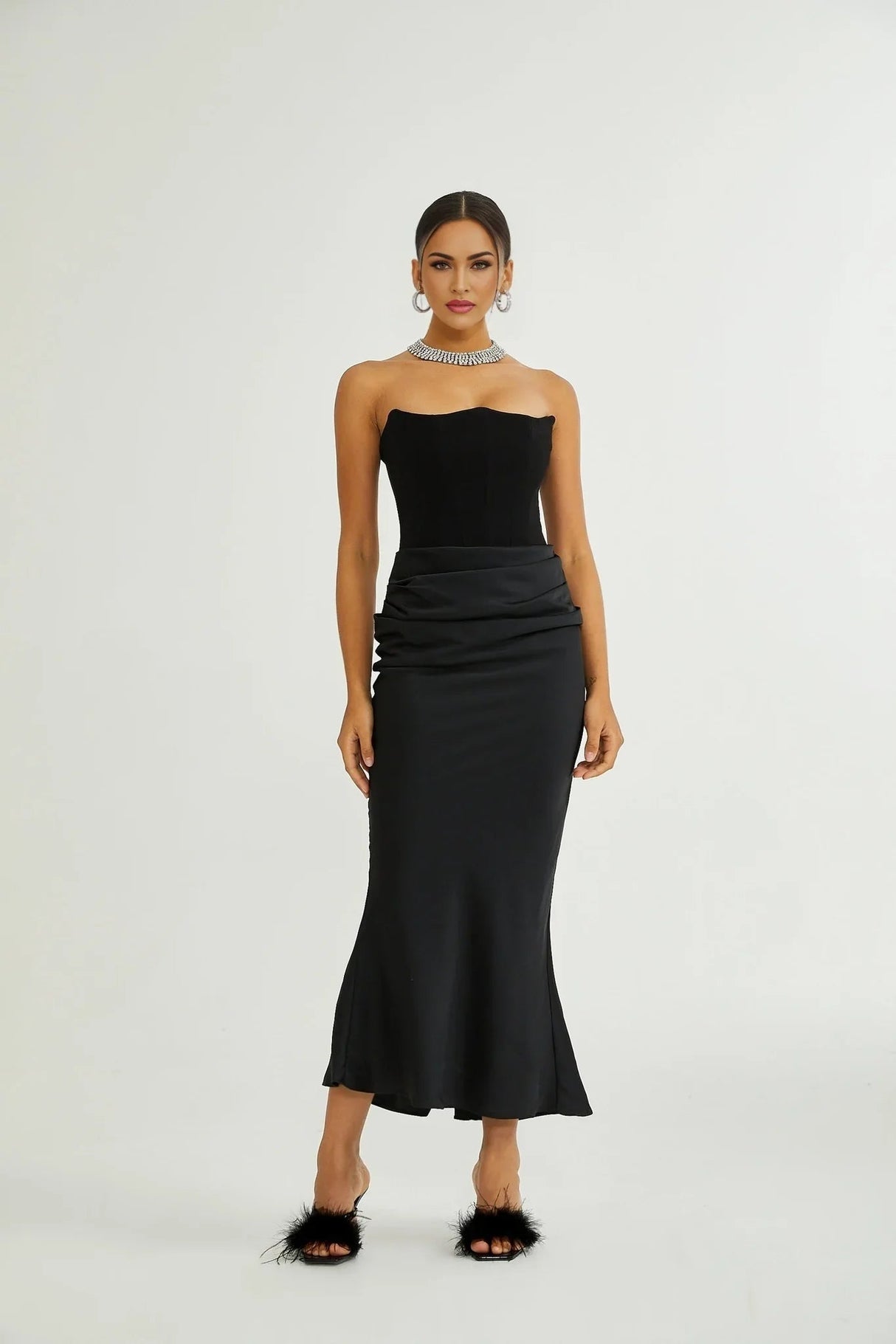 Adelina Maxi Dress - Off the Shoulder - Pleated Design - Flared Hem - Rear Zip Fastening - Elegant Length