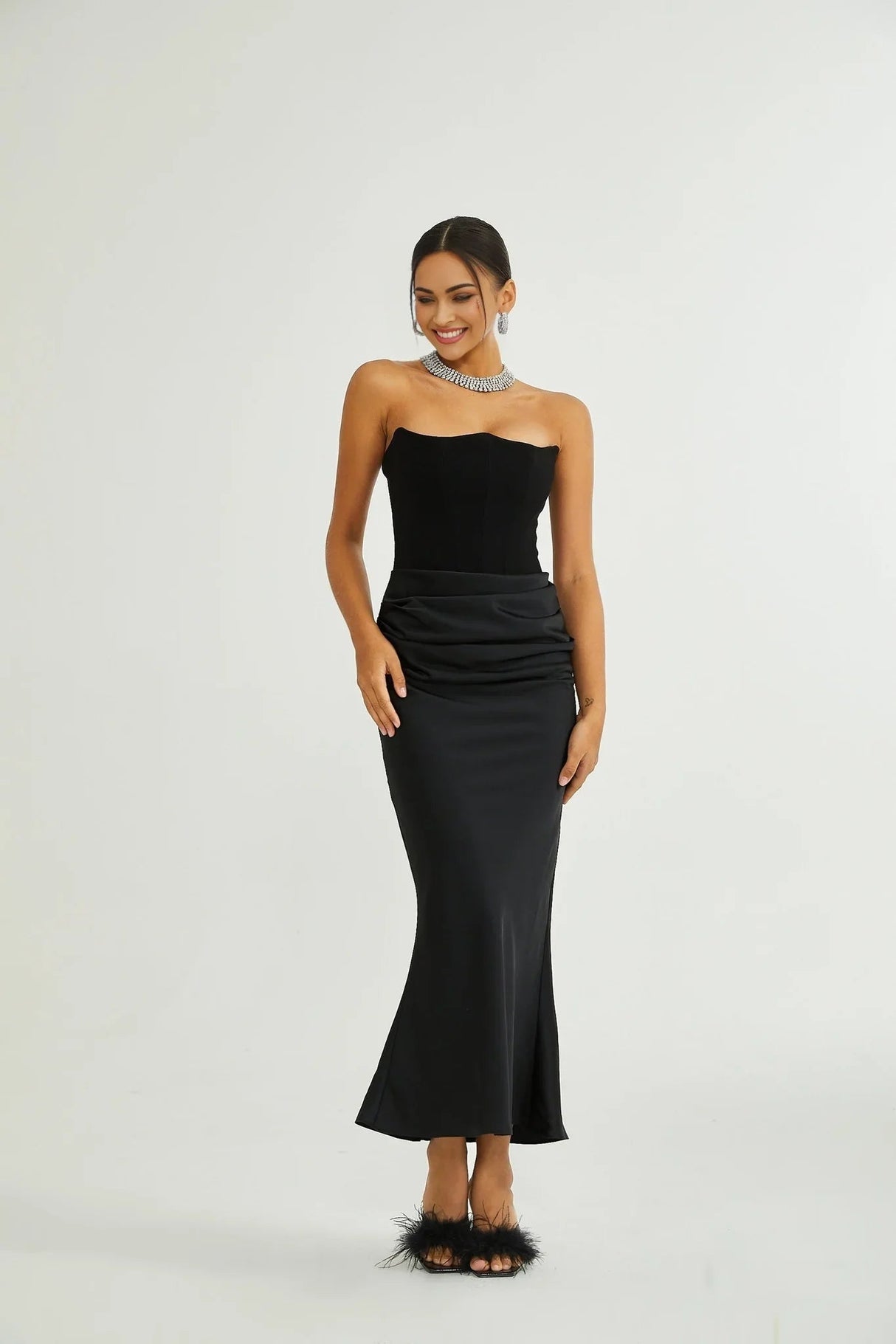 Adelina Maxi Dress - Off the Shoulder - Pleated Design - Flared Hem - Rear Zip Fastening - Elegant Length