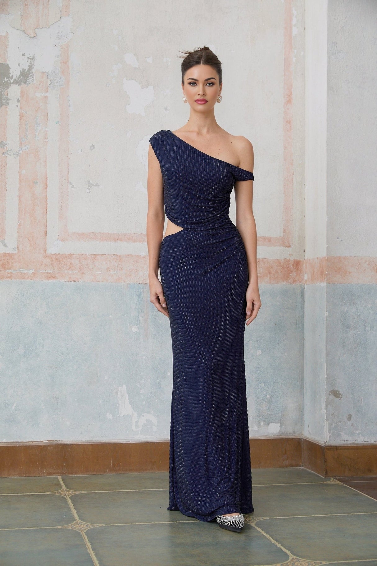 Adelina Maxi Dress - One - Shoulder Design - Sleeveless with Ruching - Cut - Out detailing - Rhinestone Embellishments