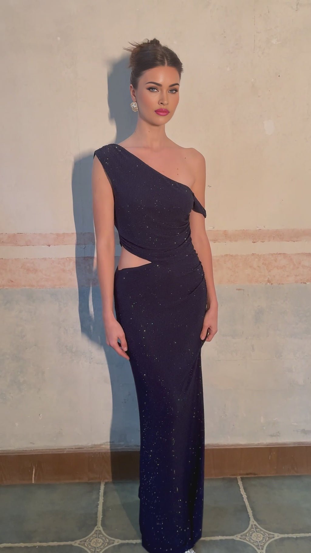 Adelina Maxi Dress - One - Shoulder Design - Sleeveless with Ruching - Cut - Out detailing - Rhinestone Embellishments