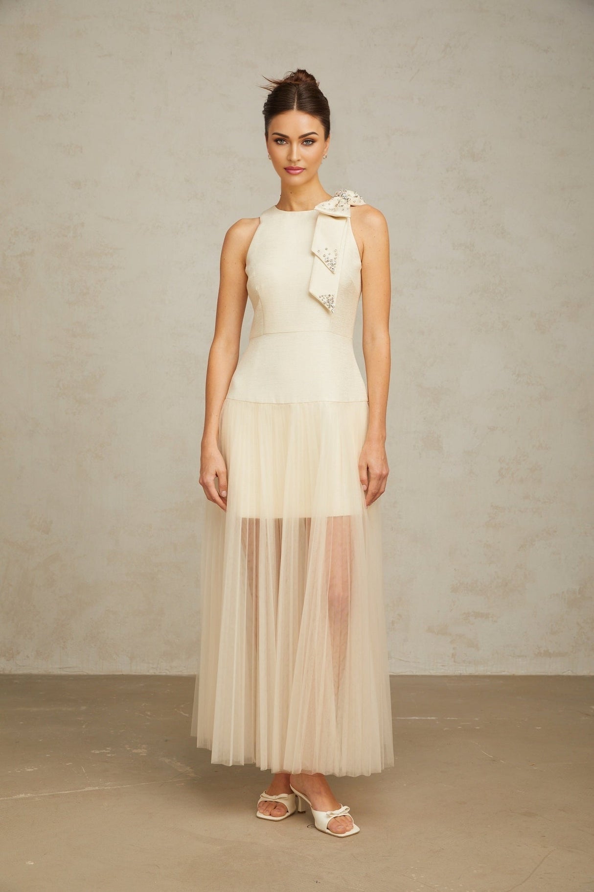 Adelina Midi Dress - Sleeveless - Round Neck - Cinched Waist - Pleated Tulle Bow Crystal Embellished Zip Ankle Length