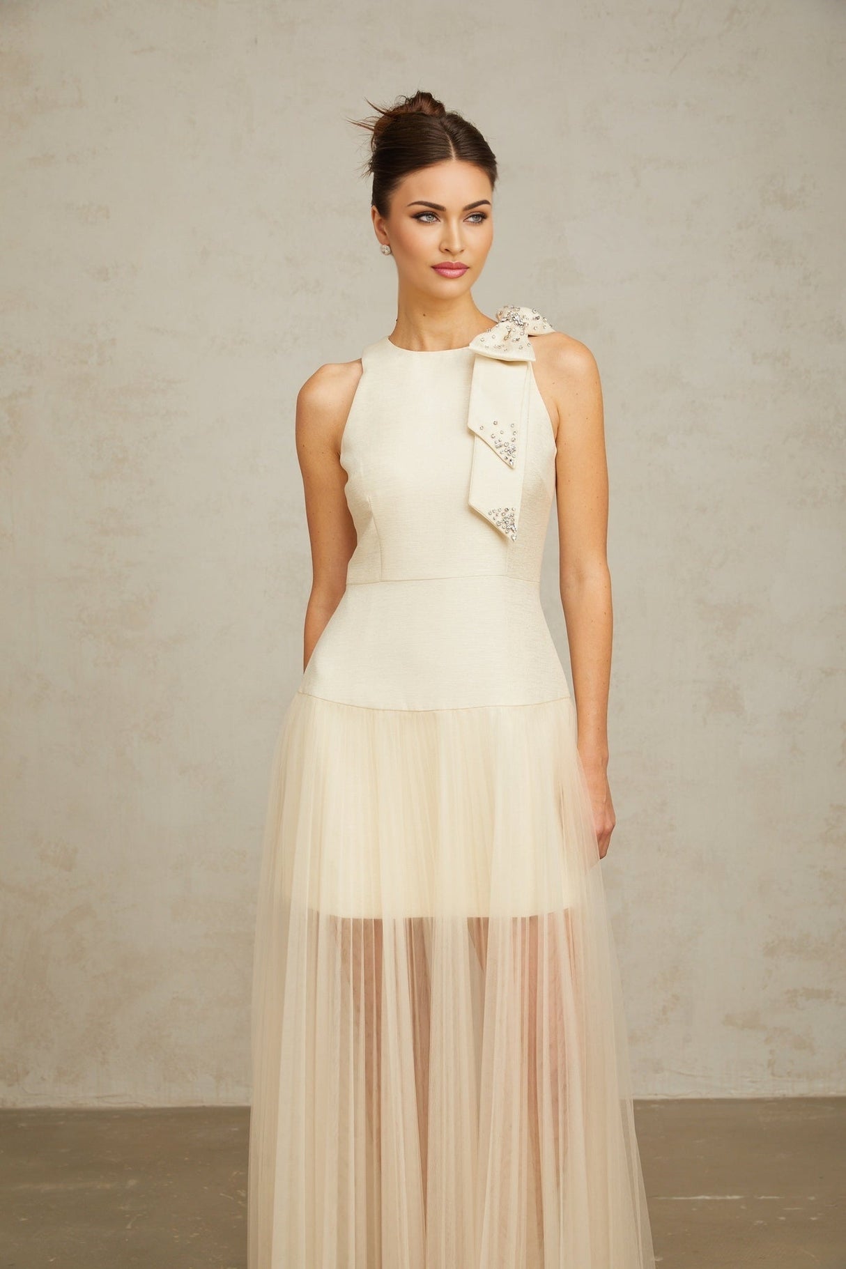 Adelina Midi Dress - Sleeveless - Round Neck - Cinched Waist - Pleated Tulle Bow Crystal Embellished Zip Ankle Length