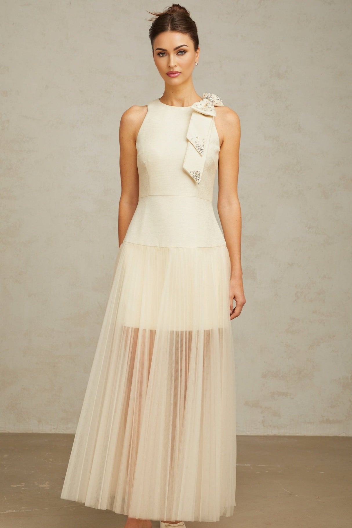 Adelina Midi Dress - Sleeveless - Round Neck - Cinched Waist - Pleated Tulle Bow Crystal Embellished Zip Ankle Length