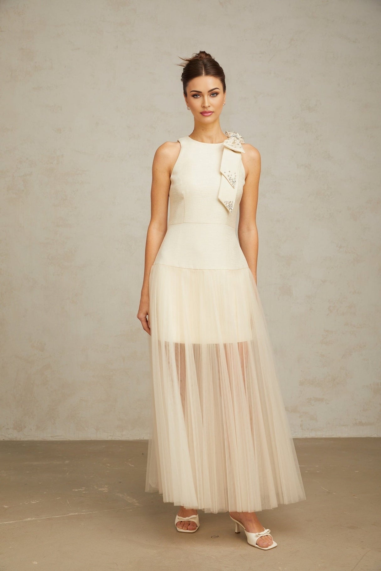 Adelina Midi Dress - Sleeveless - Round Neck - Cinched Waist - Pleated Tulle Bow Crystal Embellished Zip Ankle Length