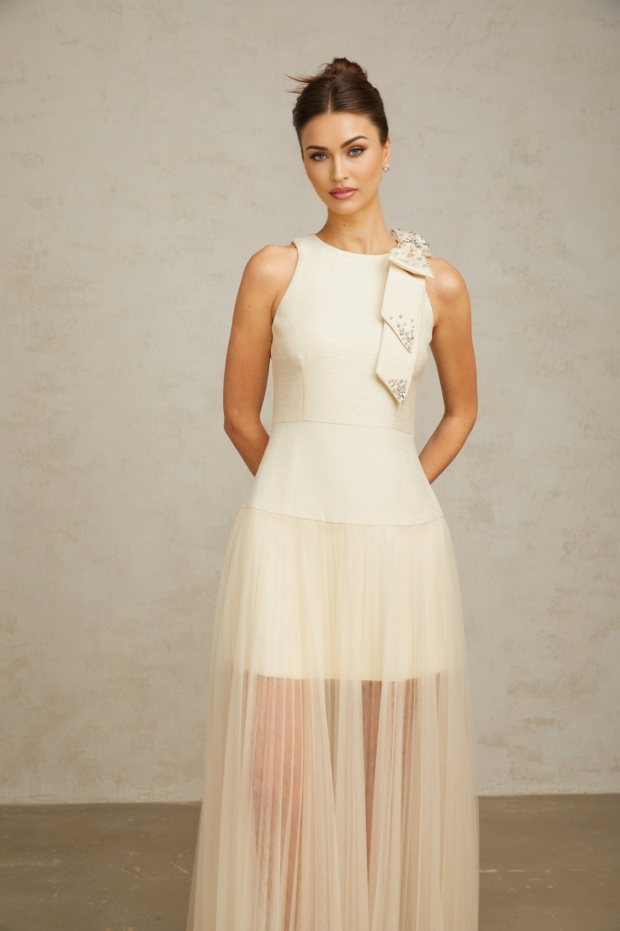 Adelina Midi Dress - Sleeveless - Round Neck - Cinched Waist - Pleated Tulle Bow Crystal Embellished Zip Ankle Length