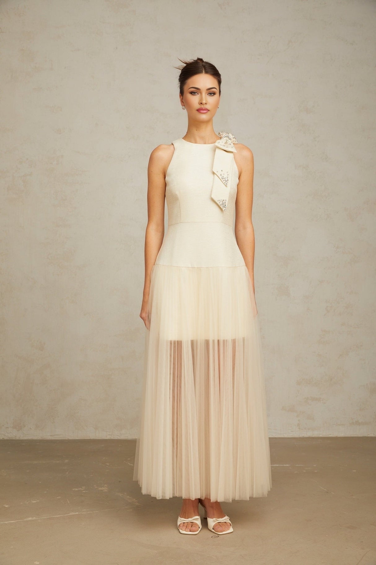 Adelina Midi Dress - Sleeveless - Round Neck - Cinched Waist - Pleated Tulle Bow Crystal Embellished Zip Ankle Length