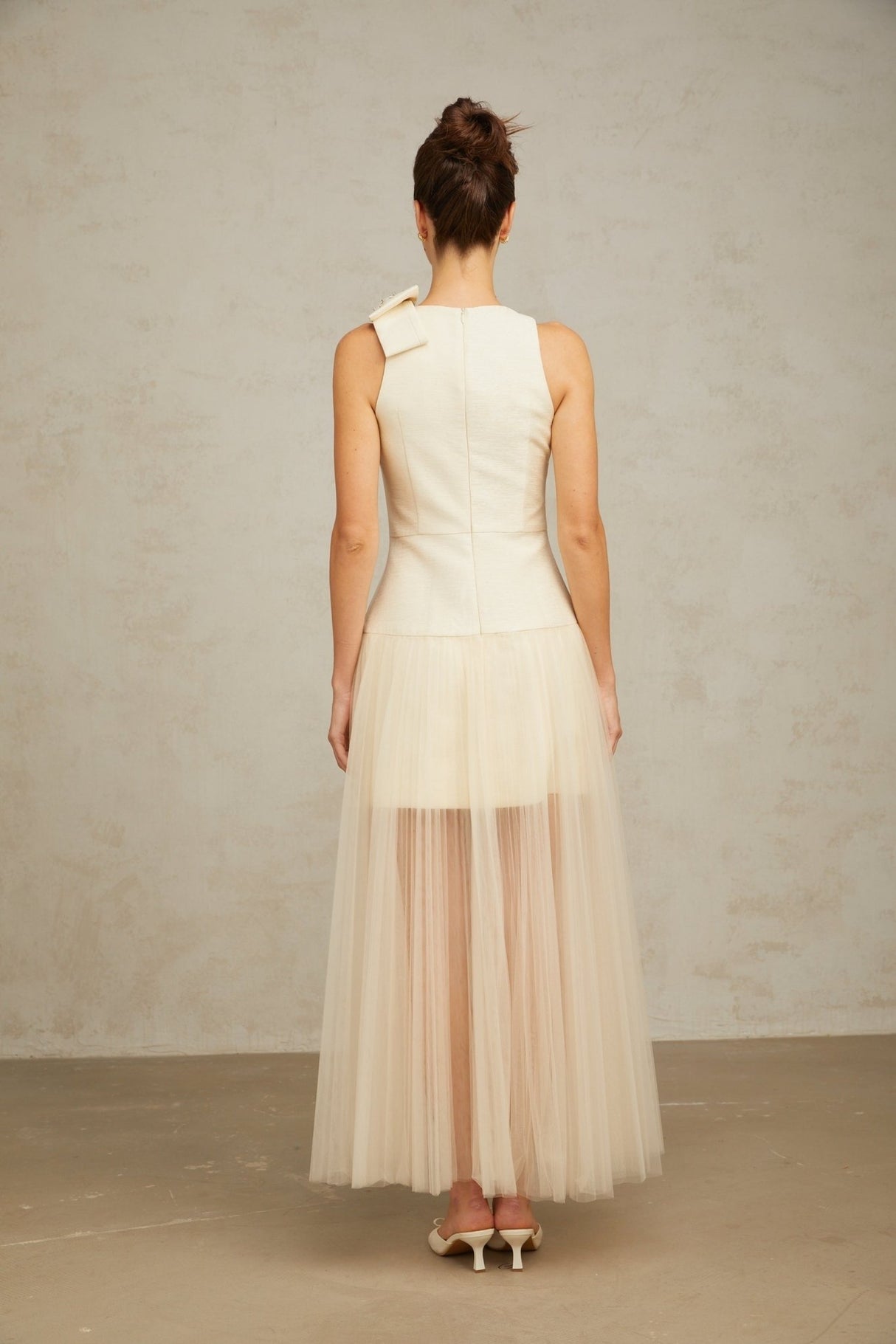 Adelina Midi Dress - Sleeveless - Round Neck - Cinched Waist - Pleated Tulle Bow Crystal Embellished Zip Ankle Length
