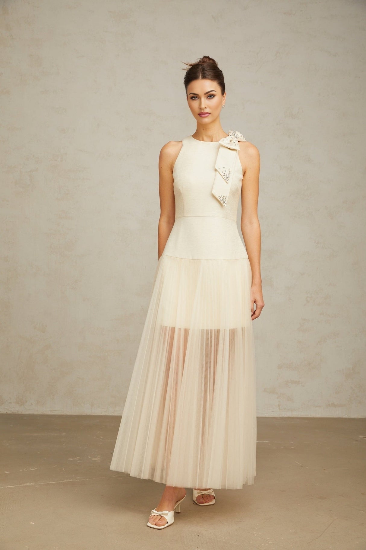 Adelina Midi Dress - Sleeveless - Round Neck - Cinched Waist - Pleated Tulle Bow Crystal Embellished Zip Ankle Length
