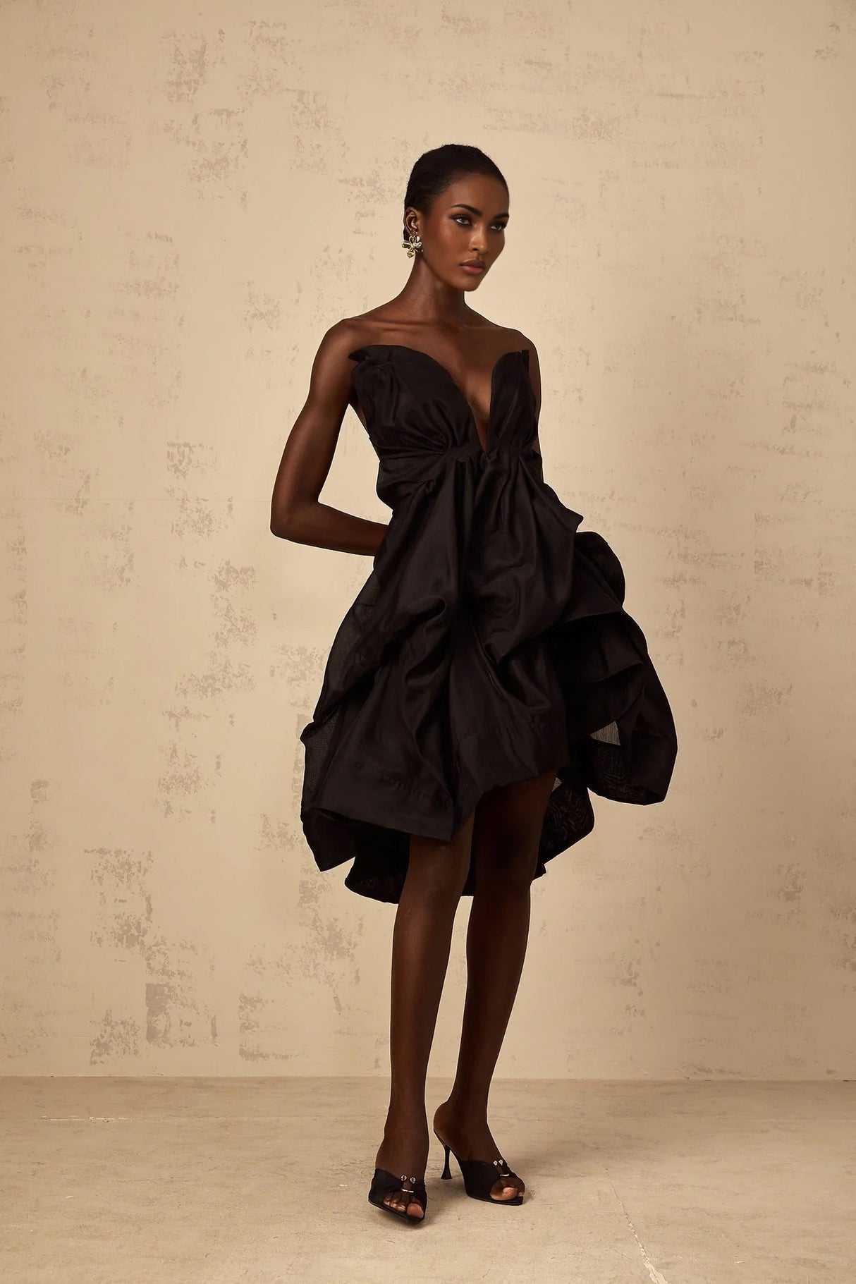 Adelina Mini Dress Black Asymmetrical Ruffle Cocktail