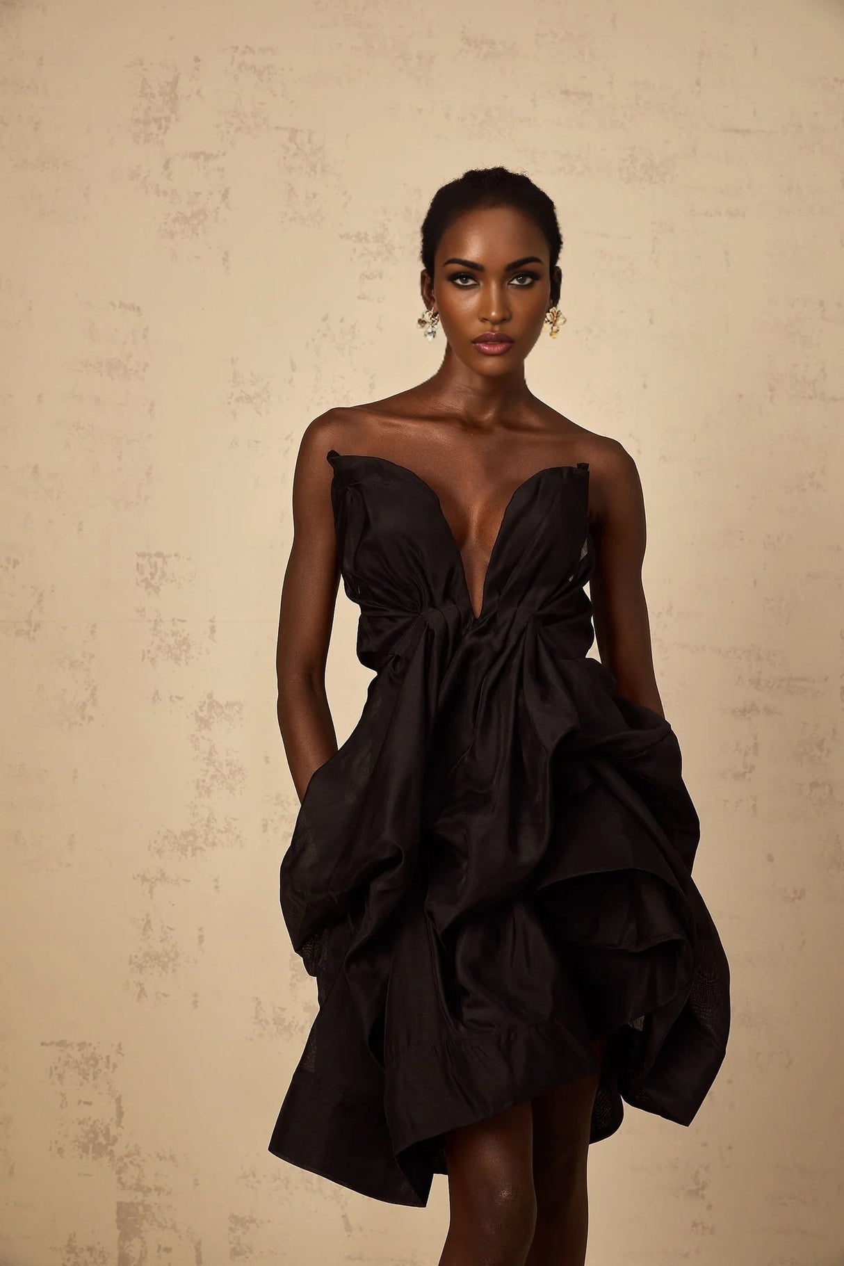 Adelina Mini Dress Black Asymmetrical Ruffle Cocktail