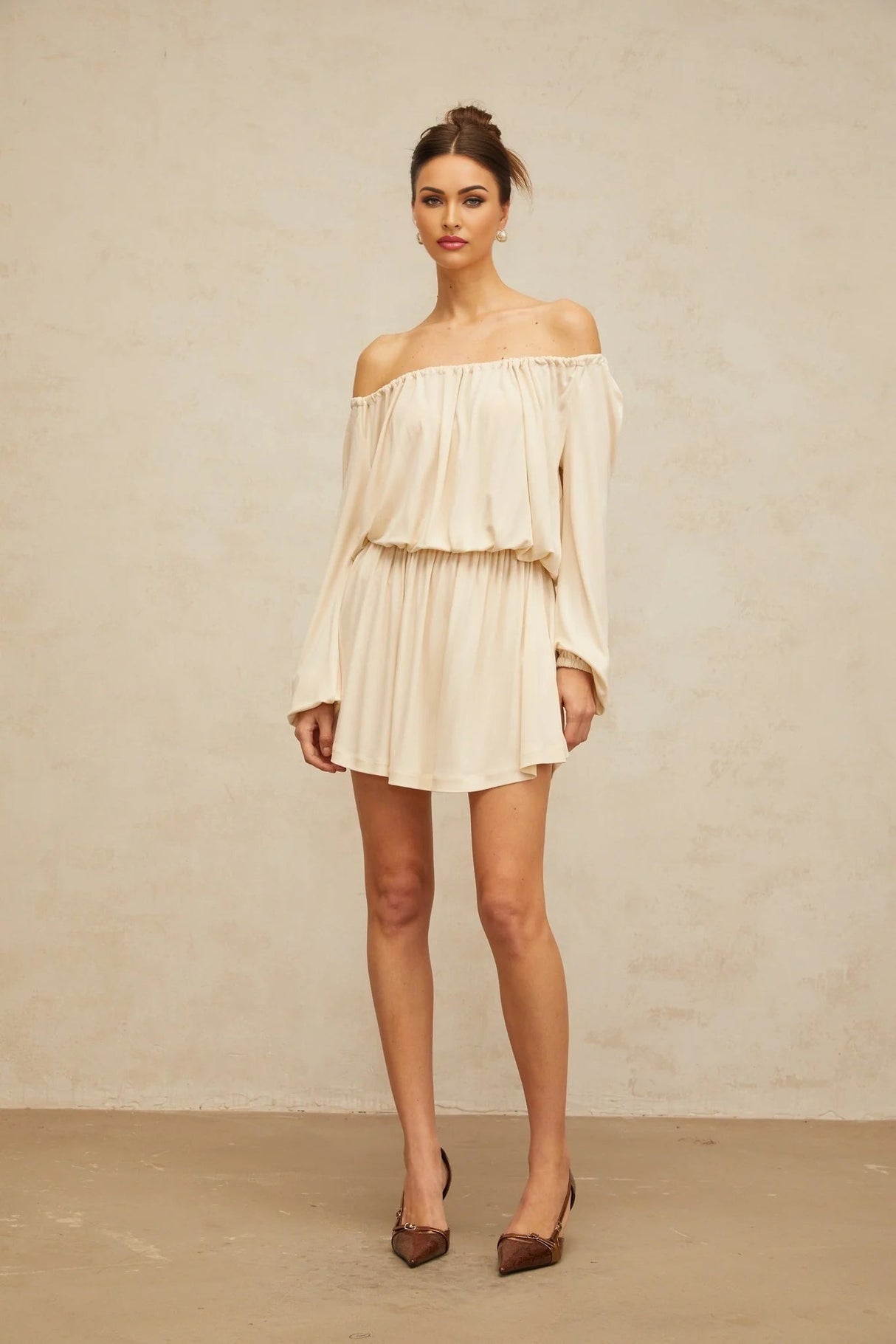 Adelina Mini Dress Neutrals Cold Shoulder & Long Sleeve Trendy Style