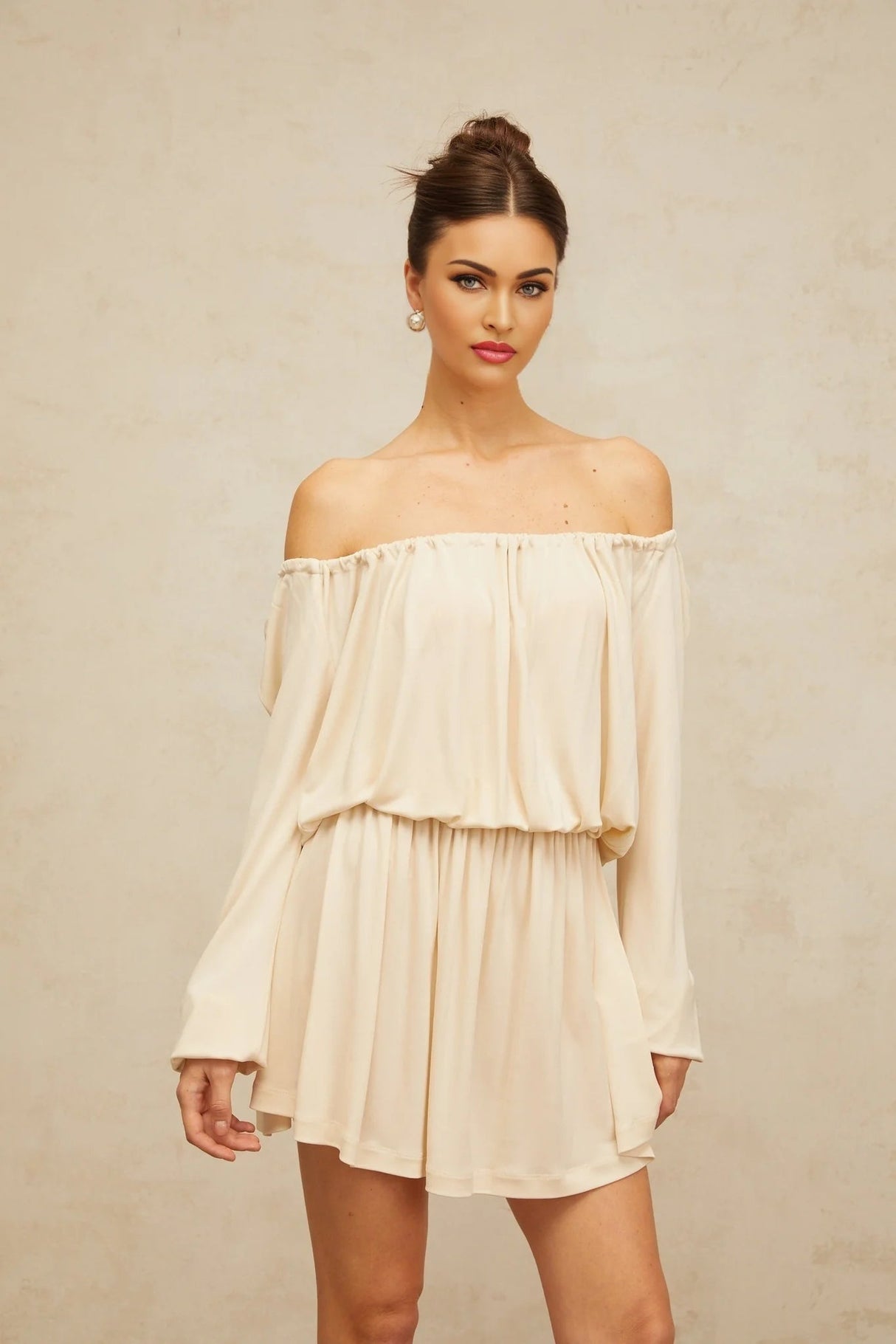 Adelina Mini Dress Neutrals Cold Shoulder & Long Sleeve Trendy Style