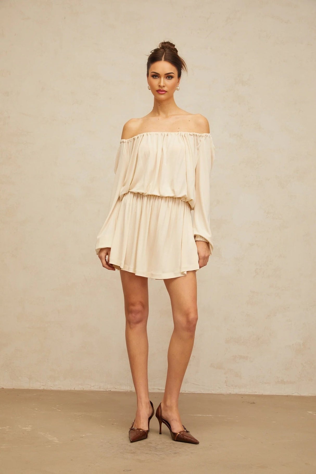 Adelina Mini Dress Neutrals Cold Shoulder & Long Sleeve Trendy Style