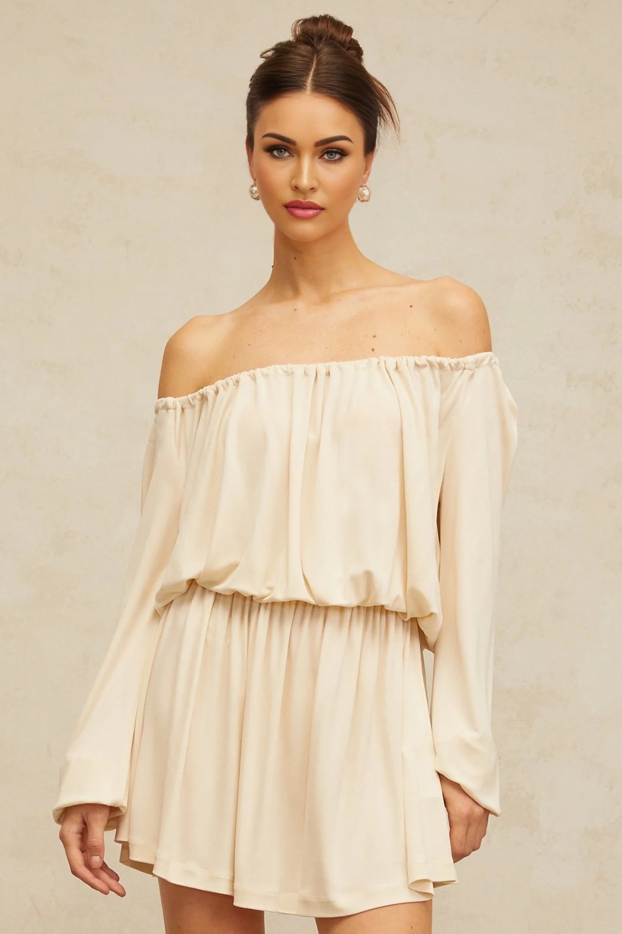 Adelina Mini Dress Neutrals Cold Shoulder & Long Sleeve Trendy Style