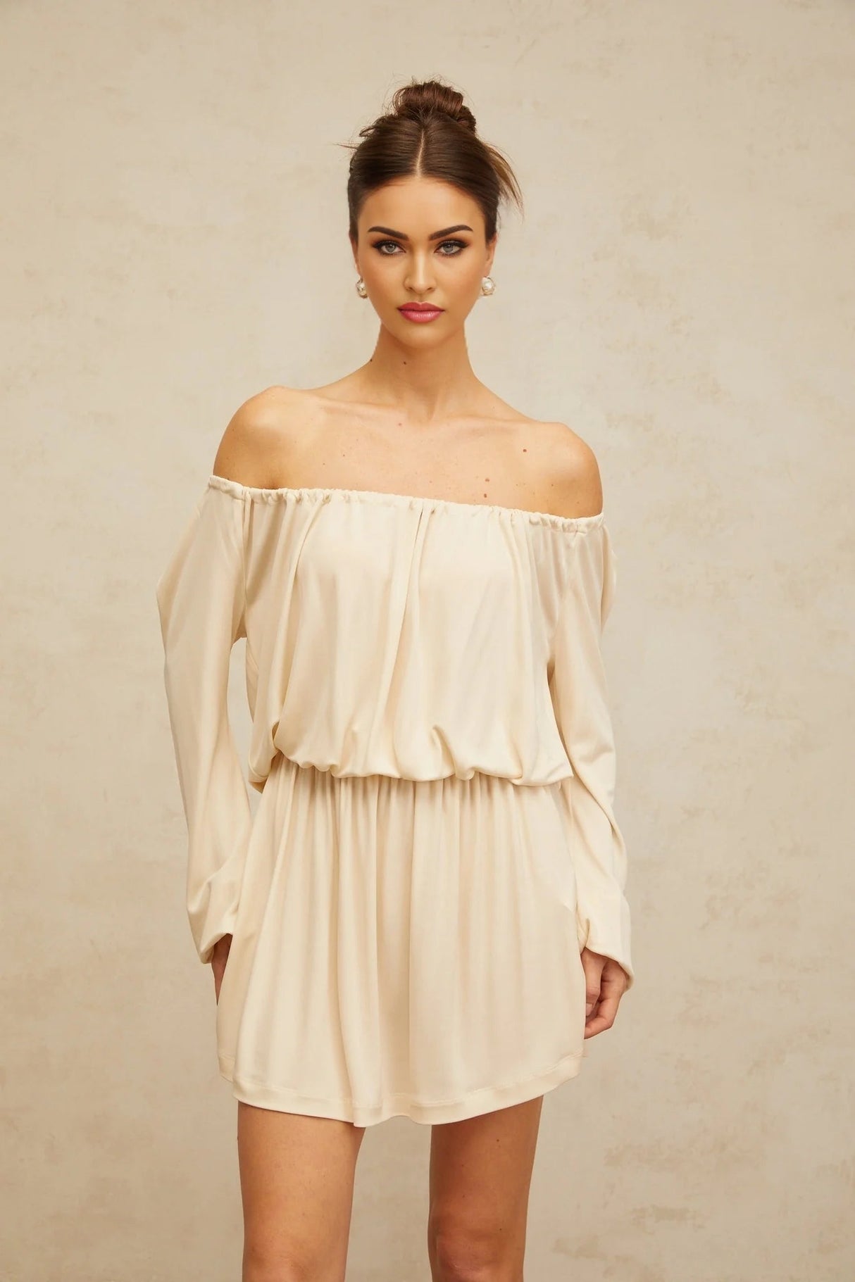 Adelina Mini Dress Neutrals Cold Shoulder & Long Sleeve Trendy Style