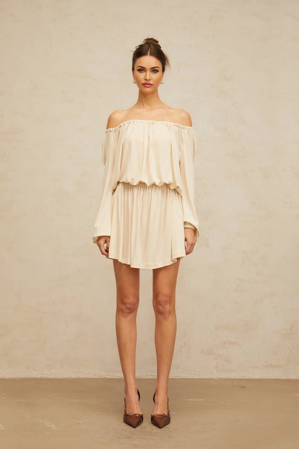 Adelina Mini Dress Neutrals Cold Shoulder & Long Sleeve Trendy Style