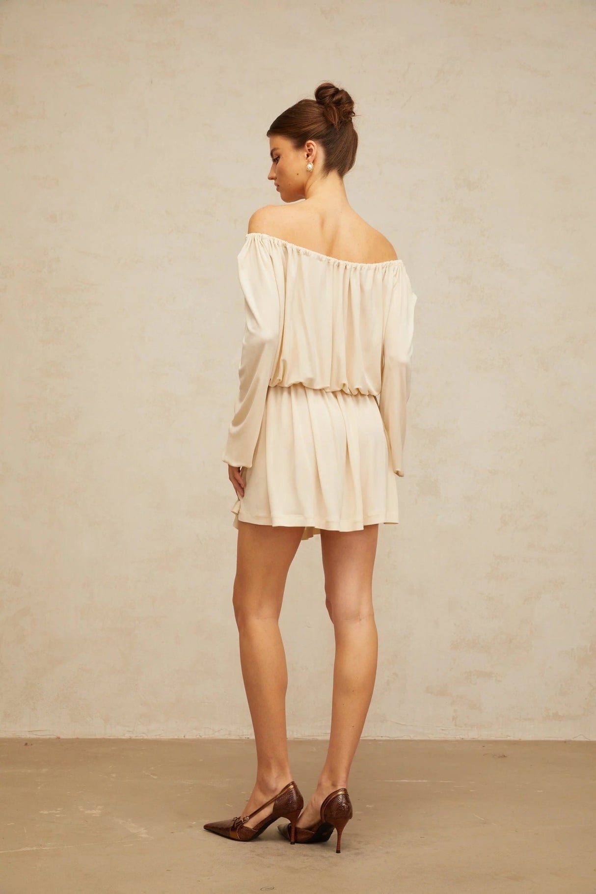 Adelina Mini Dress Neutrals Cold Shoulder & Long Sleeve Trendy Style