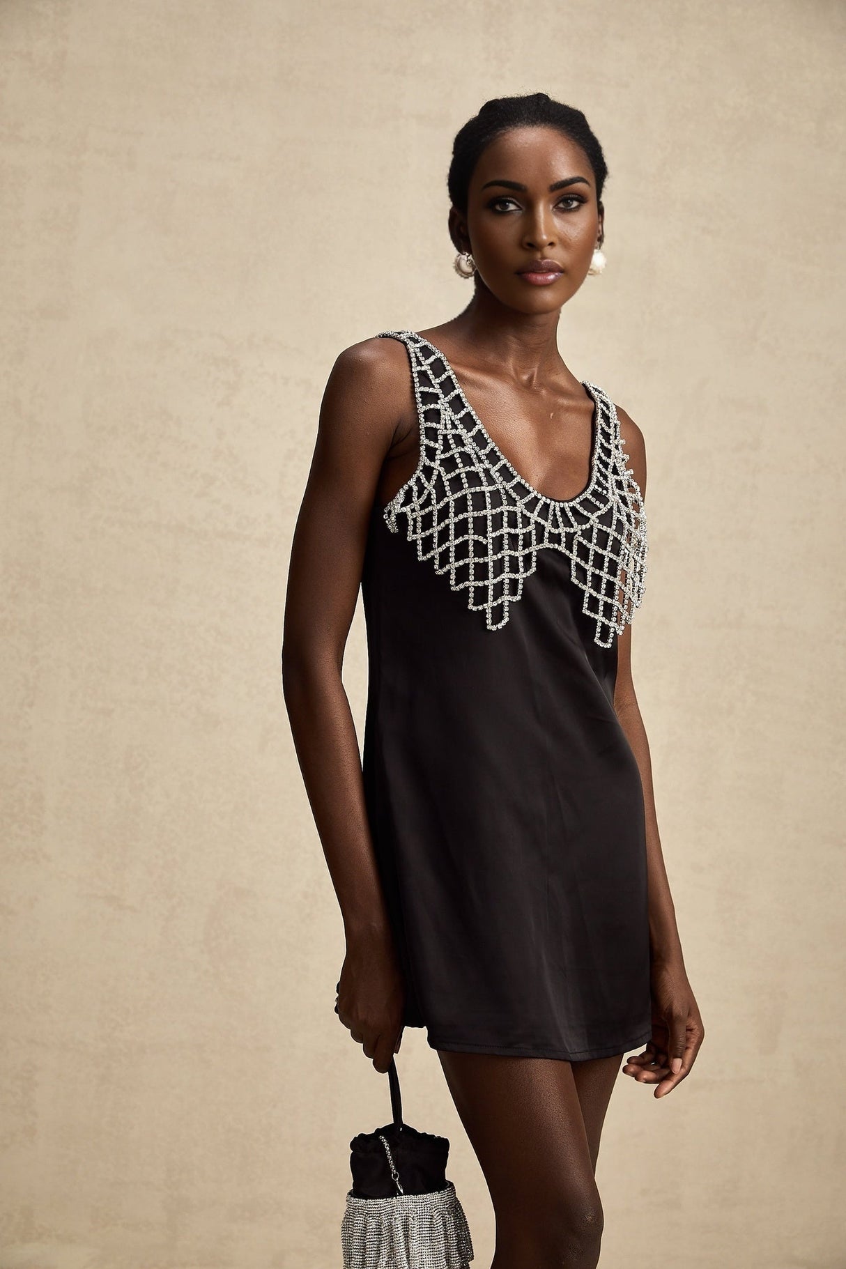 Adelina Mini Dress - Sleeveless V Neck Satin A - line Crystal Embellished