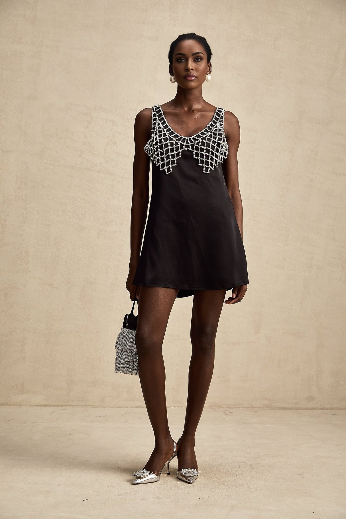 Adelina Mini Dress - Sleeveless V Neck Satin A - line Crystal Embellished