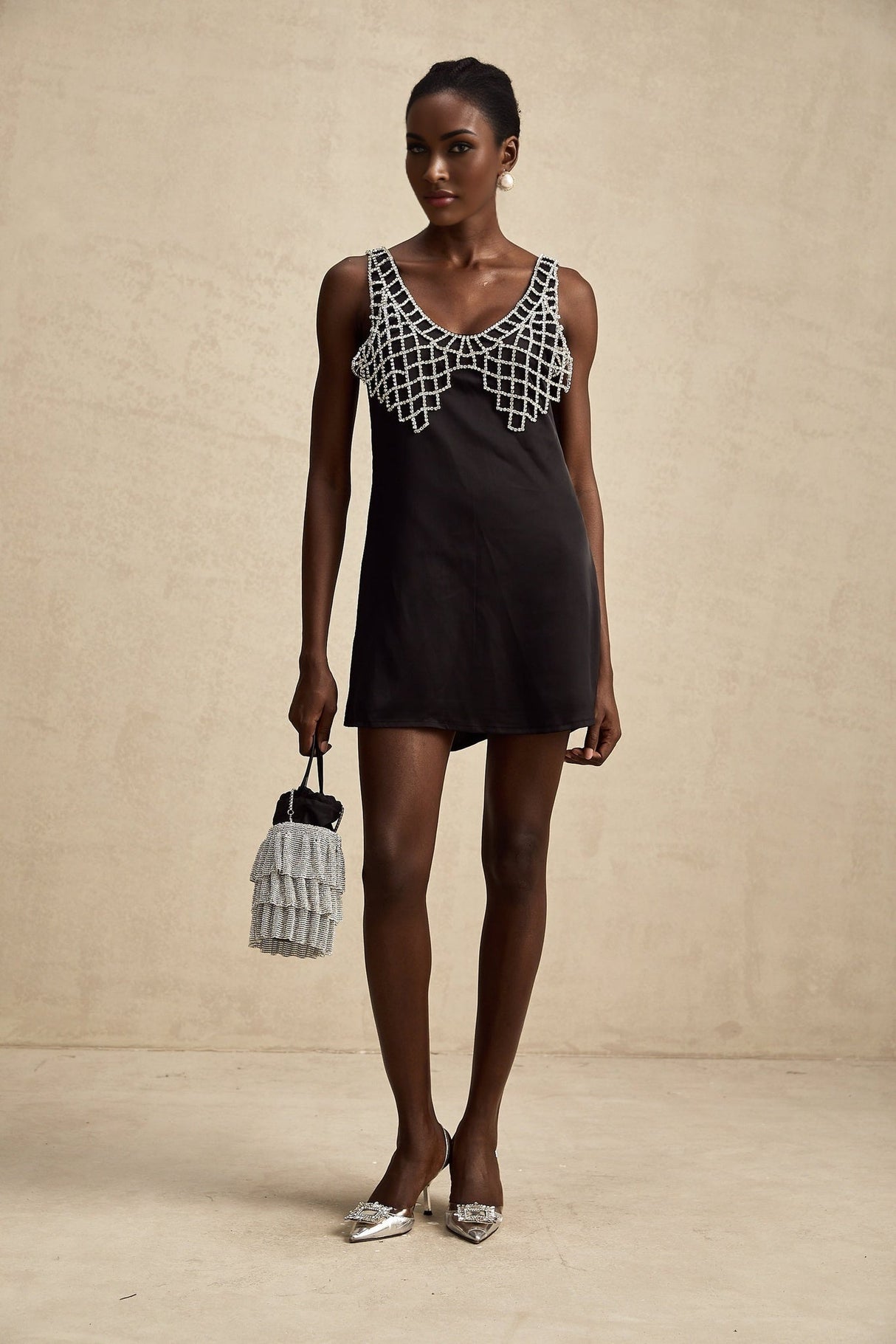 Adelina Mini Dress - Sleeveless V Neck Satin A - line Crystal Embellished