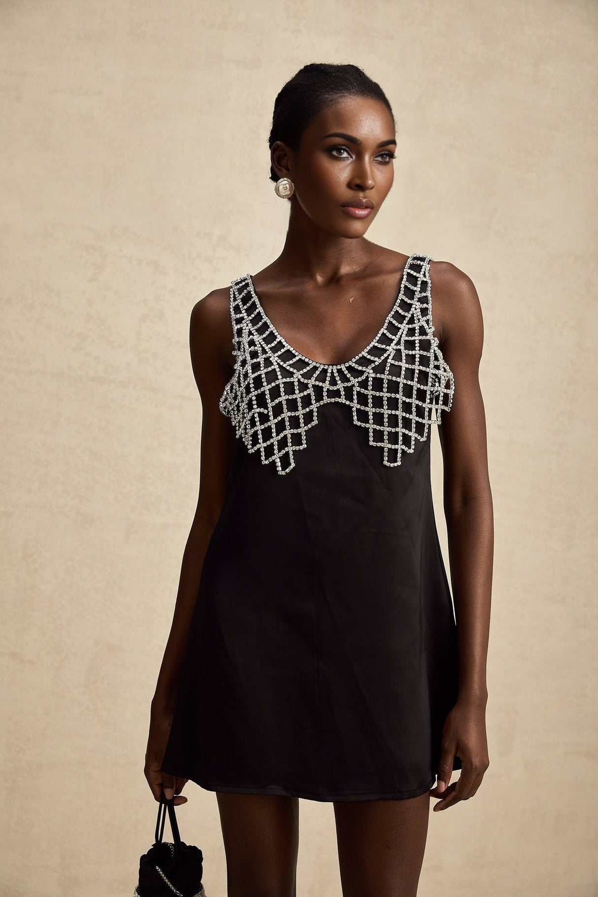 Adelina Mini Dress - Sleeveless V Neck Satin A - line Crystal Embellished