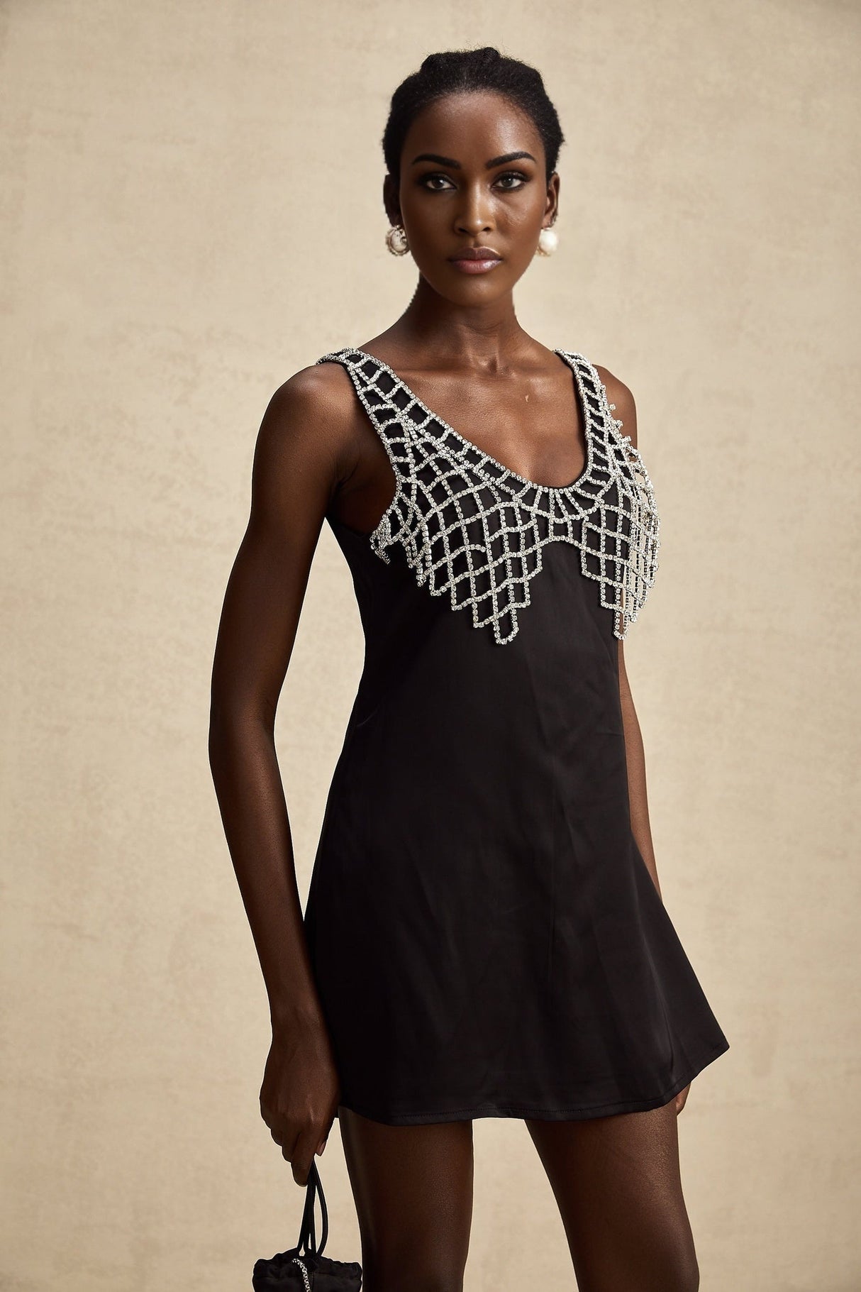 Adelina Mini Dress - Sleeveless V Neck Satin A - line Crystal Embellished