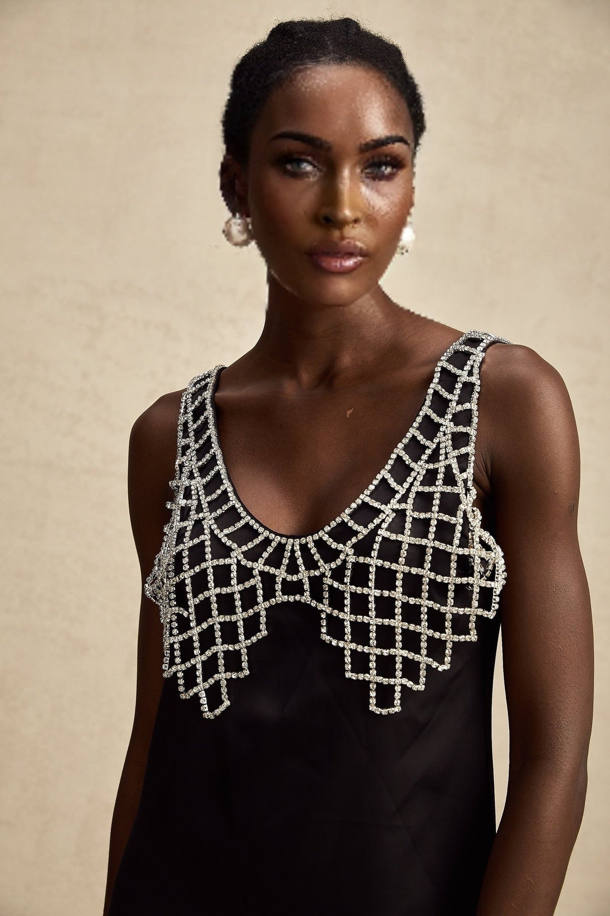 Adelina Mini Dress - Sleeveless V Neck Satin A - line Crystal Embellished