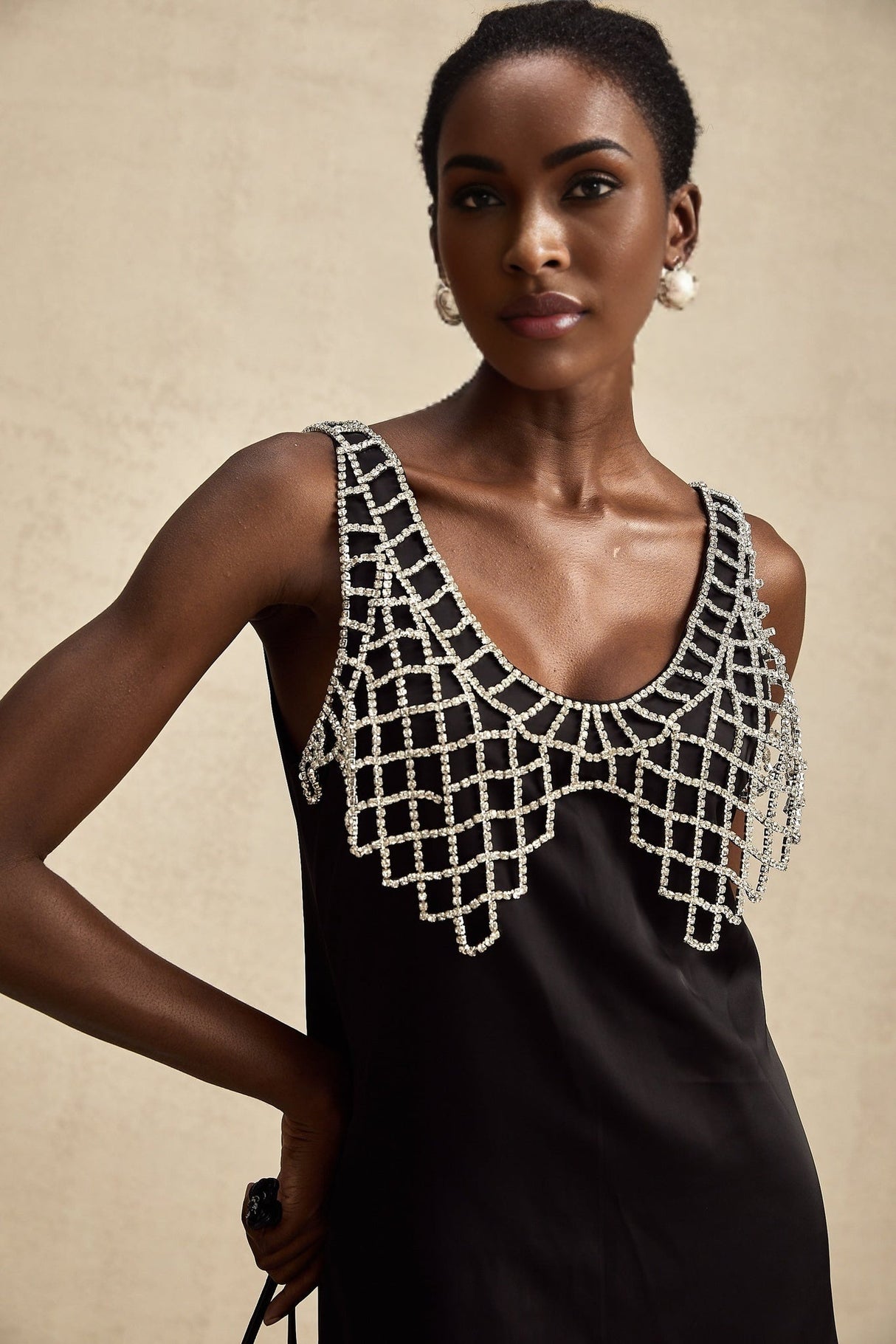 Adelina Mini Dress - Sleeveless V Neck Satin A - line Crystal Embellished