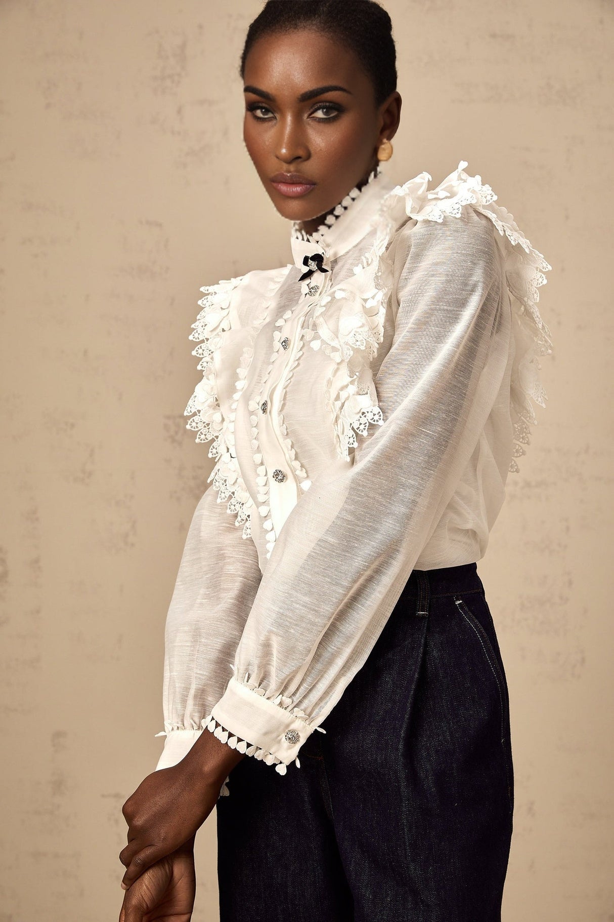 Adelina Shirt - Mock Neck - Long Sleeves - Lace Trim - Ruffled Detailing - Crystal Buttons - Bow Embellishment