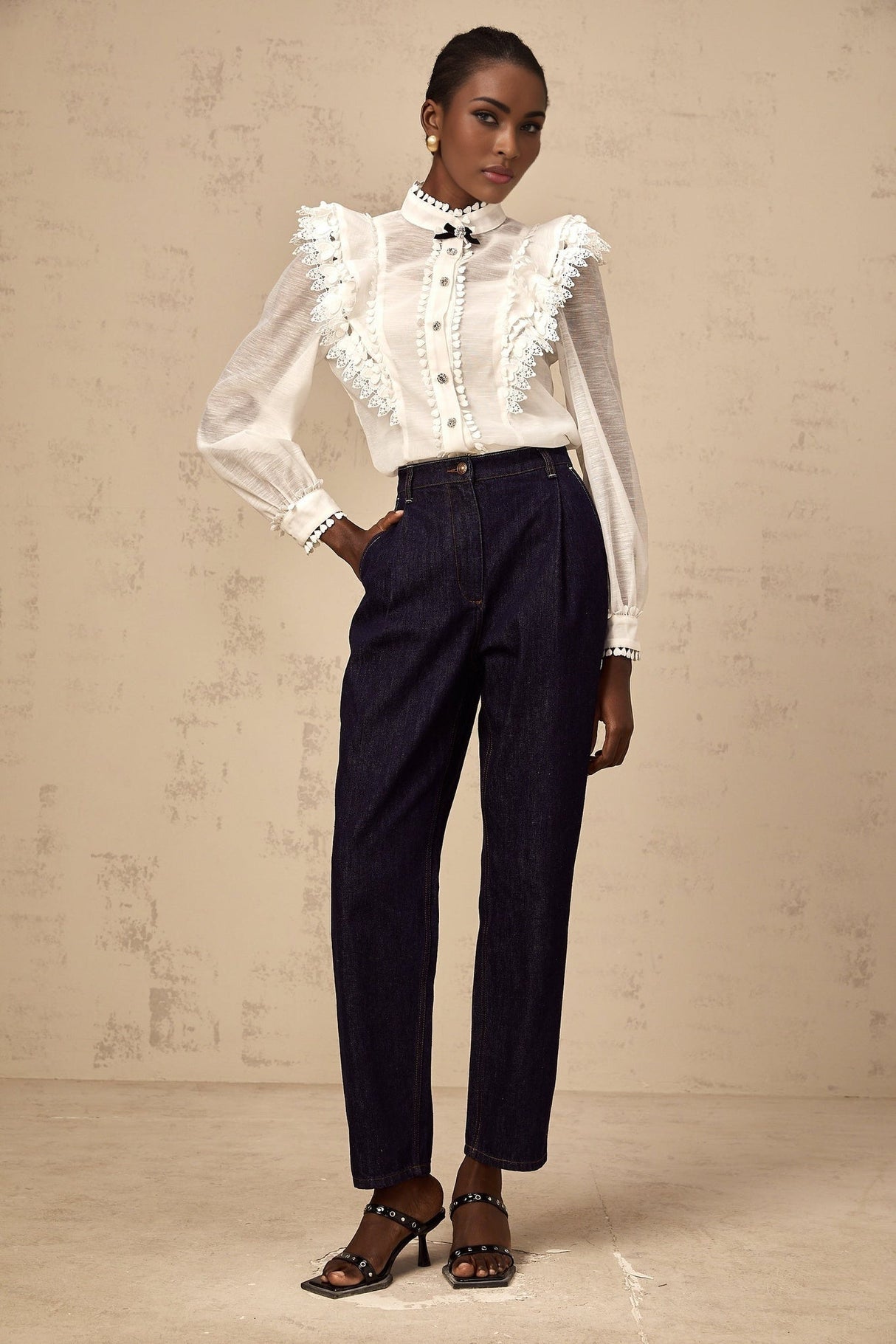 Adelina Shirt - Mock Neck - Long Sleeves - Lace Trim - Ruffled Detailing - Crystal Buttons - Bow Embellishment