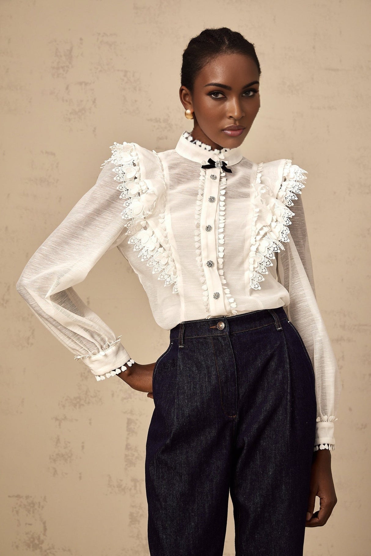 Adelina Shirt - Mock Neck - Long Sleeves - Lace Trim - Ruffled Detailing - Crystal Buttons - Bow Embellishment