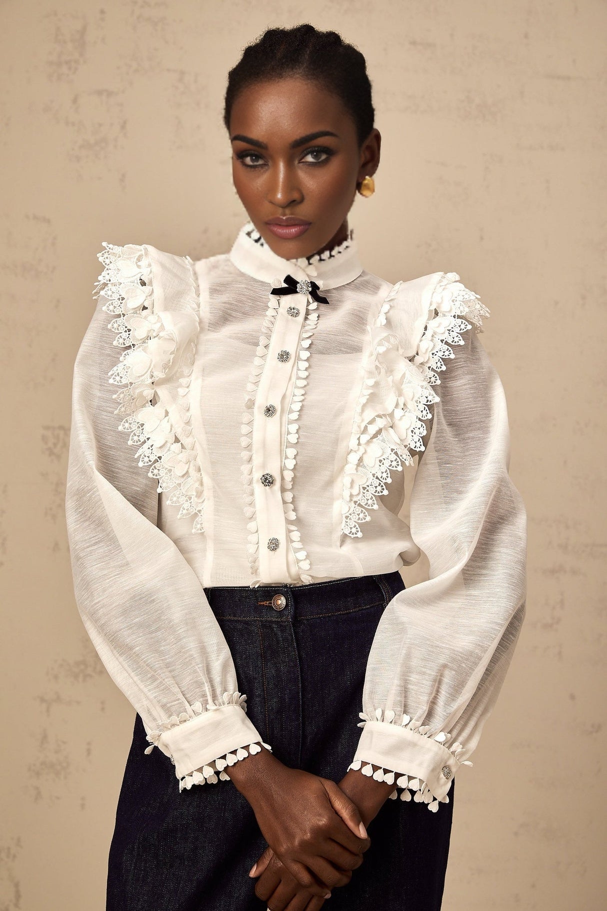 Adelina Shirt - Mock Neck - Long Sleeves - Lace Trim - Ruffled Detailing - Crystal Buttons - Bow Embellishment