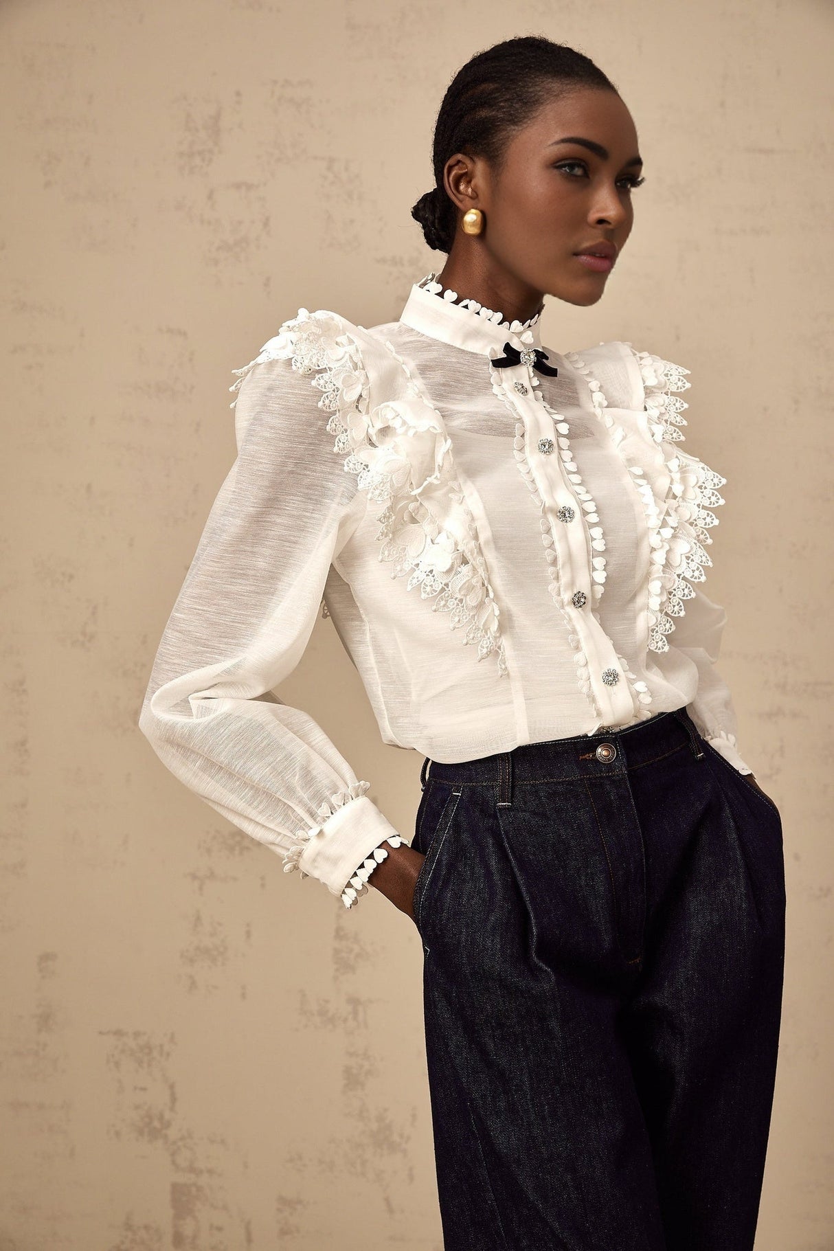 Adelina Shirt - Mock Neck - Long Sleeves - Lace Trim - Ruffled Detailing - Crystal Buttons - Bow Embellishment