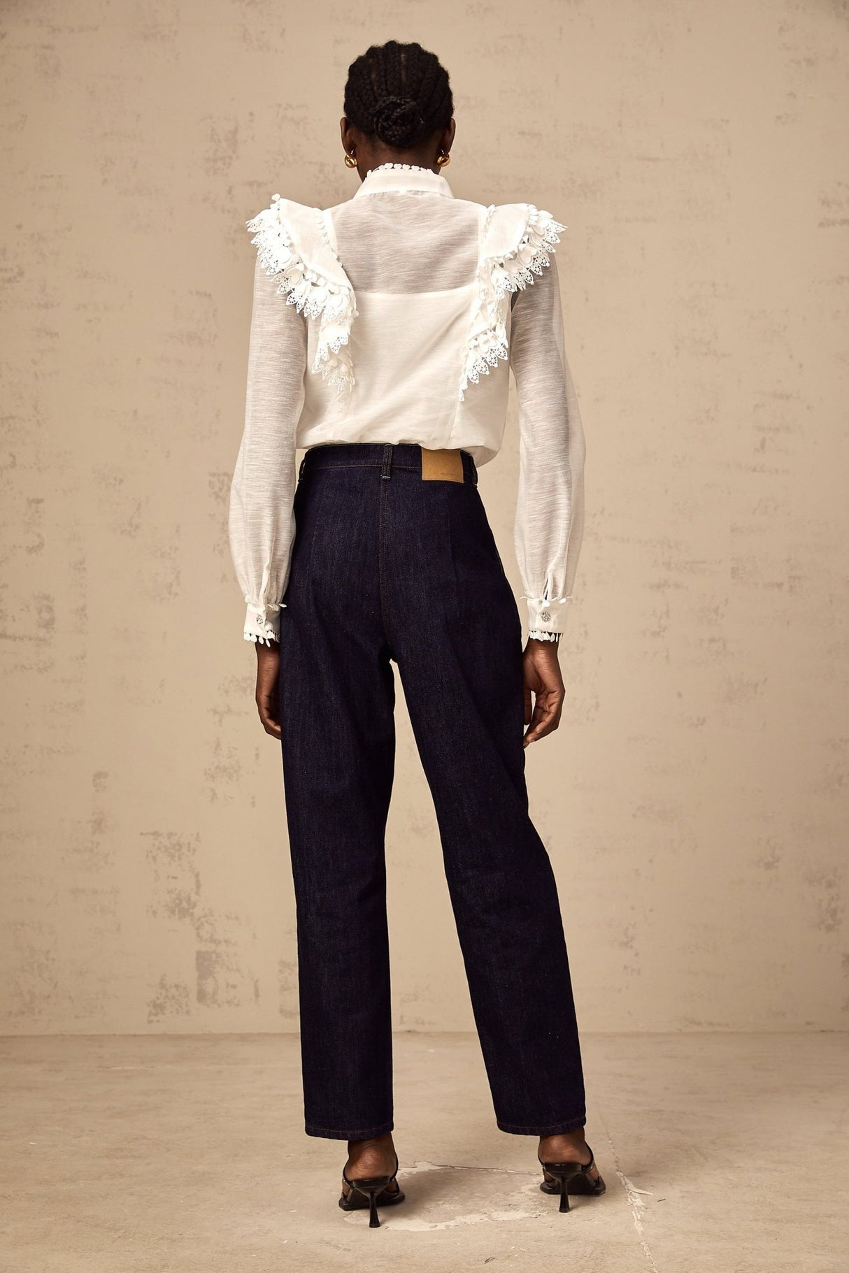 Adelina Shirt - Mock Neck - Long Sleeves - Lace Trim - Ruffled Detailing - Crystal Buttons - Bow Embellishment