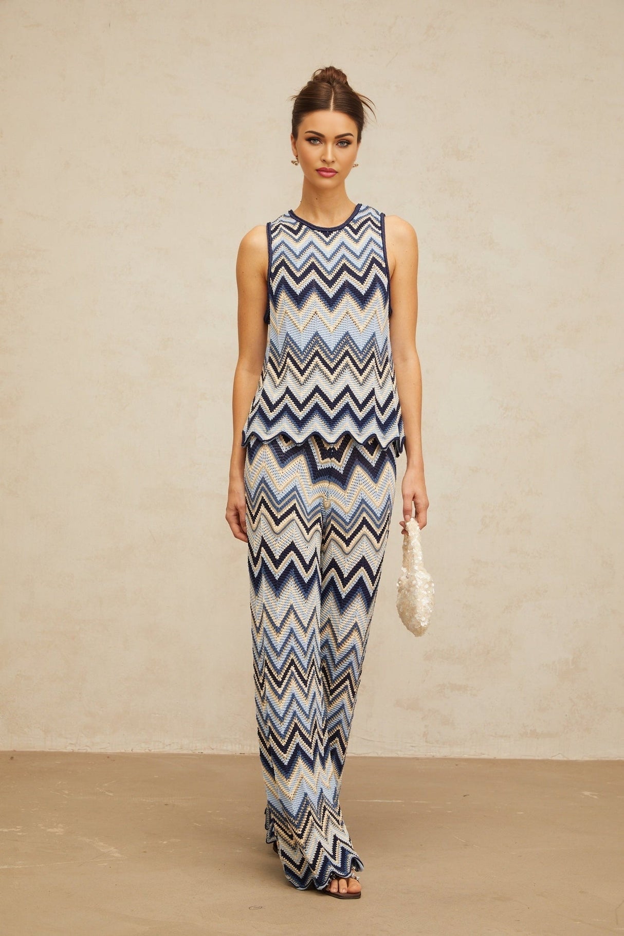 Adelina Zigzag Knit Top & Trousers Set - Metallic Threading - Scallop Hem - Elasticated Waistband - High Rise