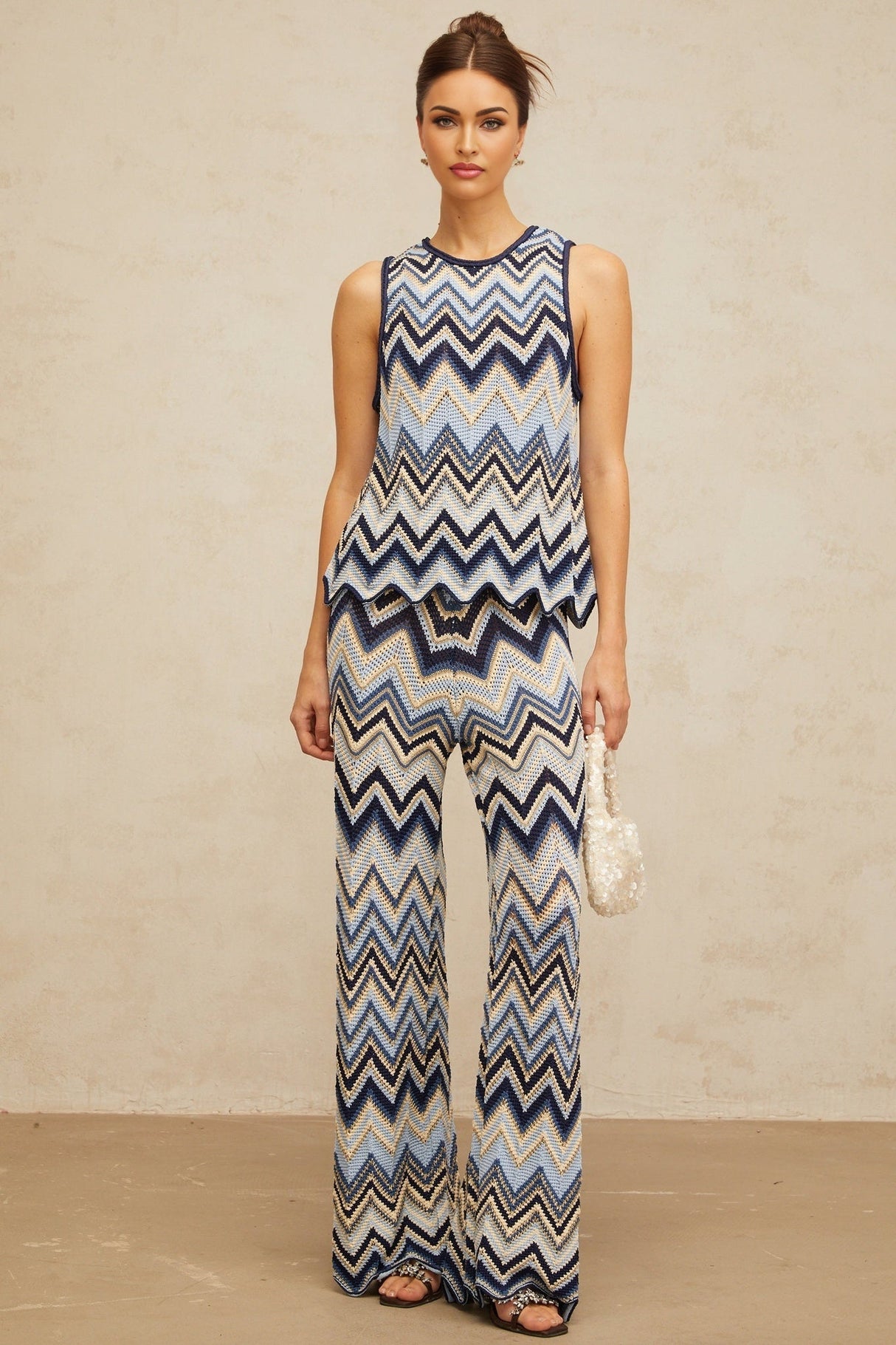 Adelina Zigzag Knit Top & Trousers Set - Metallic Threading - Scallop Hem - Elasticated Waistband - High Rise