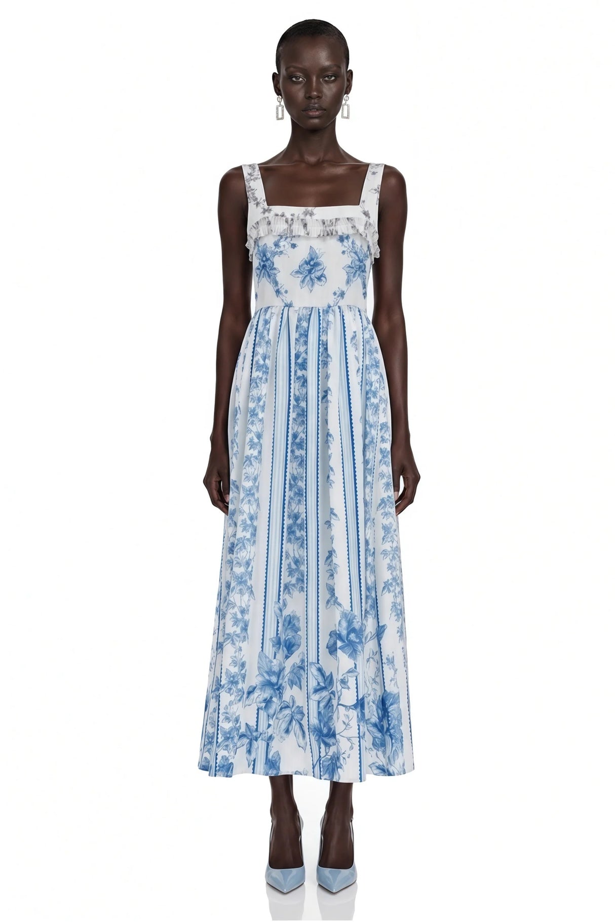 Adeliza Blue Floral Print Square Neck Midi Dress