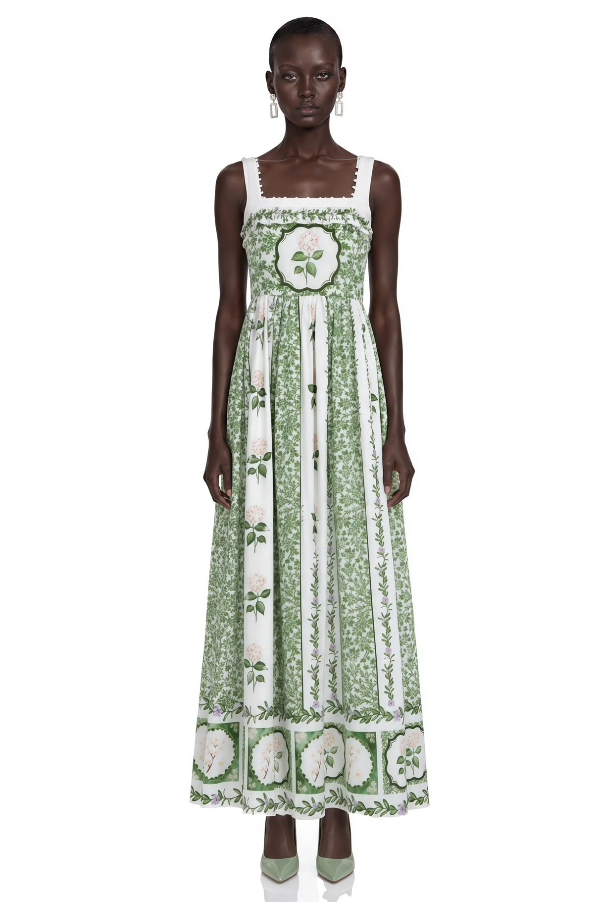 Adeliza Green Floral Print Square Neck Midi Dress