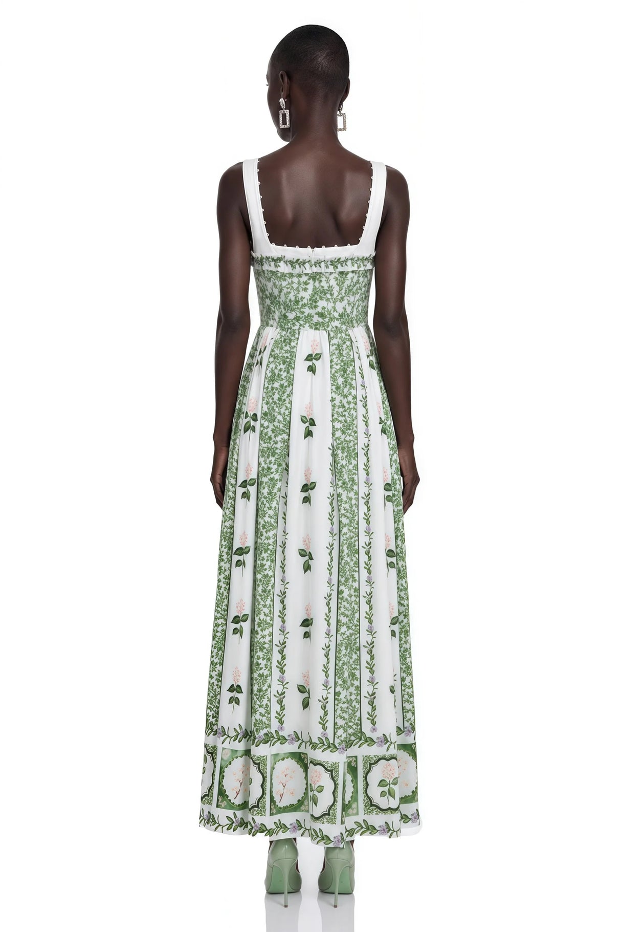 Adeliza Green Floral Print Square Neck Midi Dress