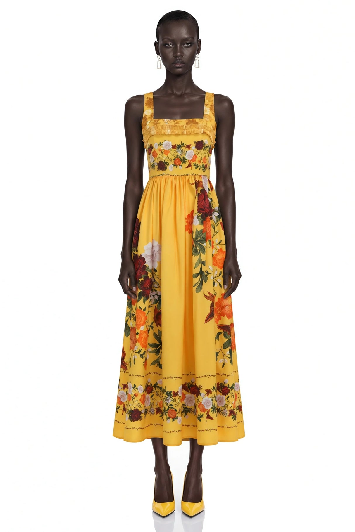 Adeliza Yellow Floral Print Square Neck Midi Dress