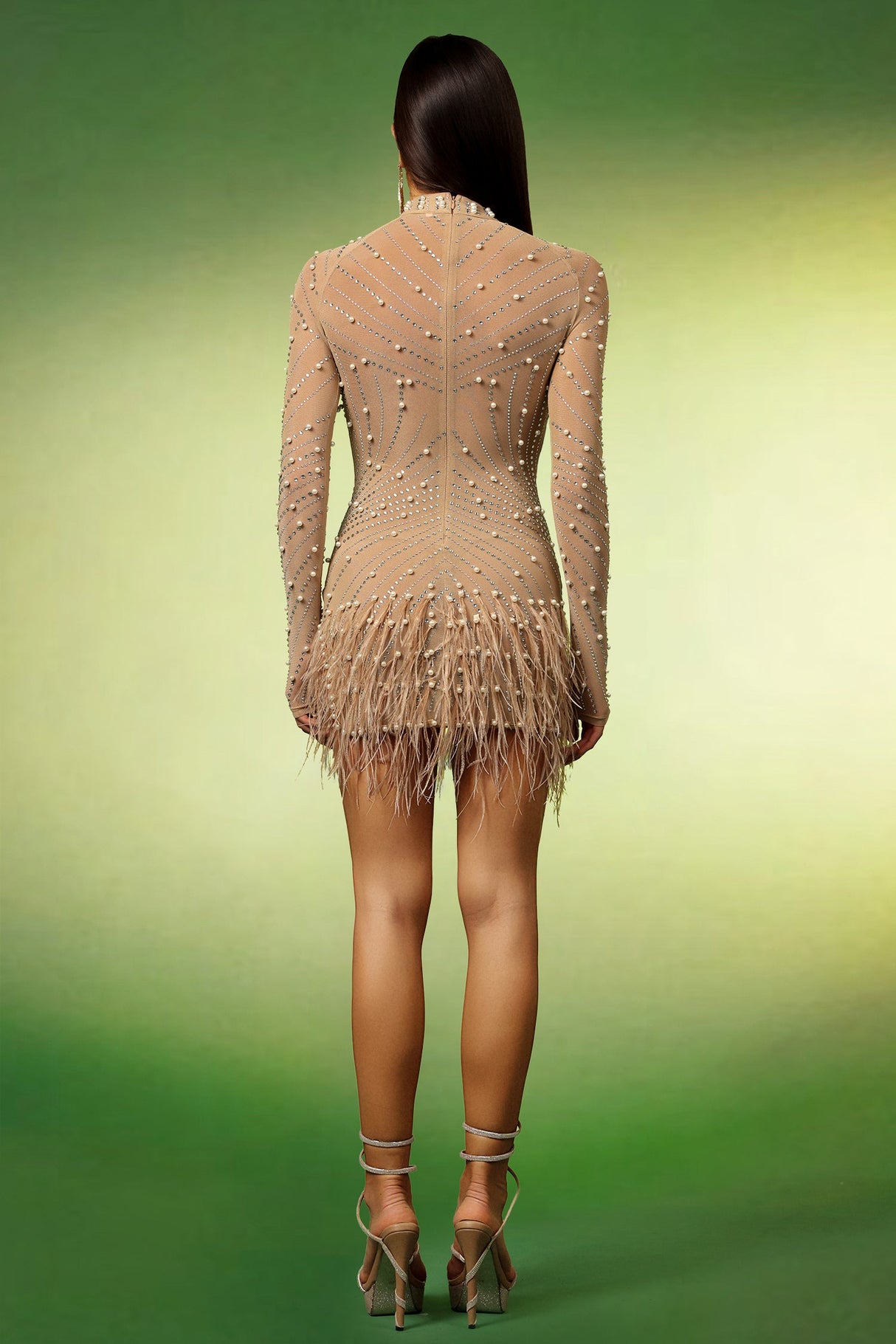 Adelyn Beige Pearl Diamond Detail Mini Dress