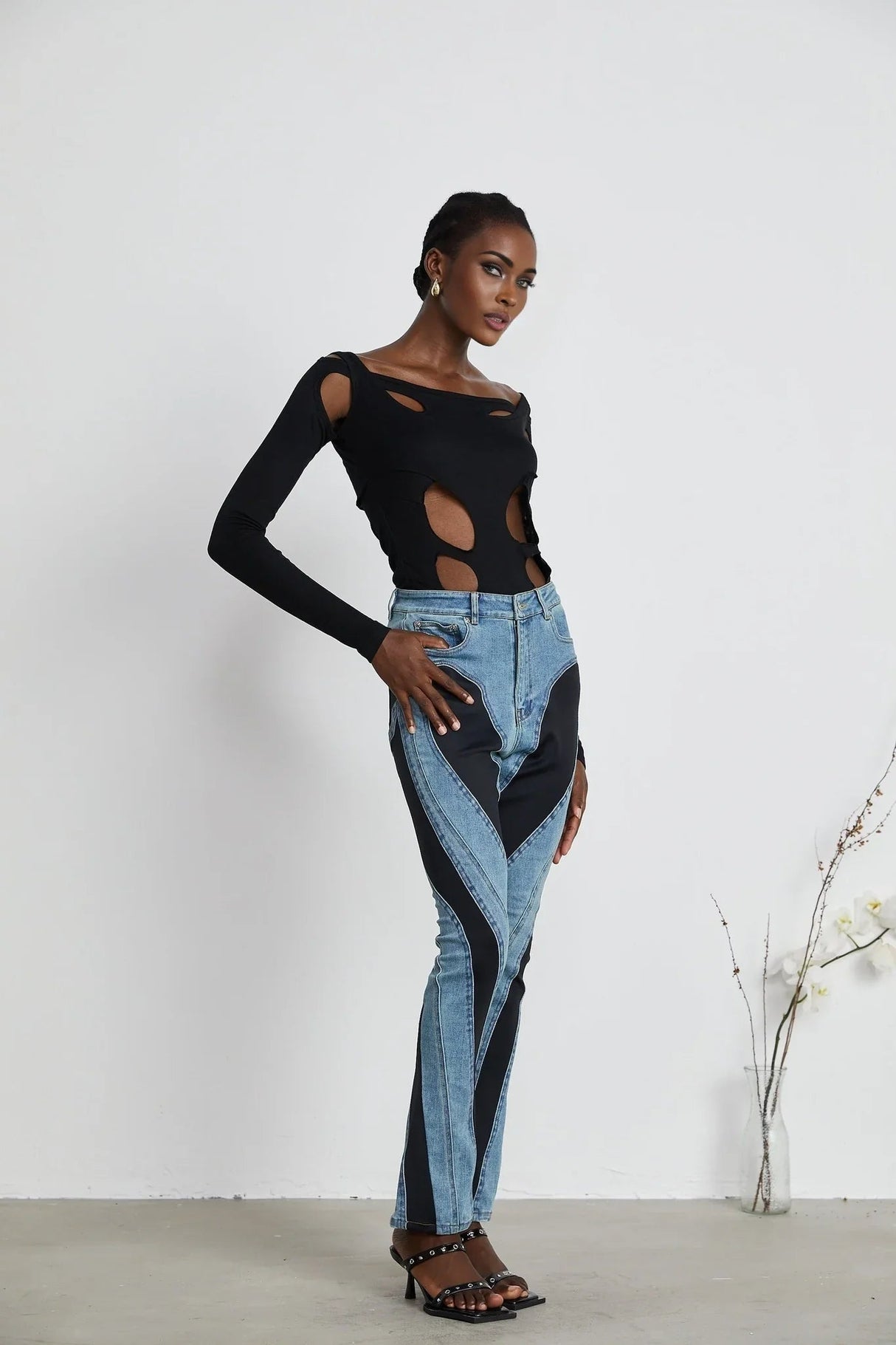 Adelyn Jeans - Stretch Denim Panelled Design Belt Loop Button Fly Pockets